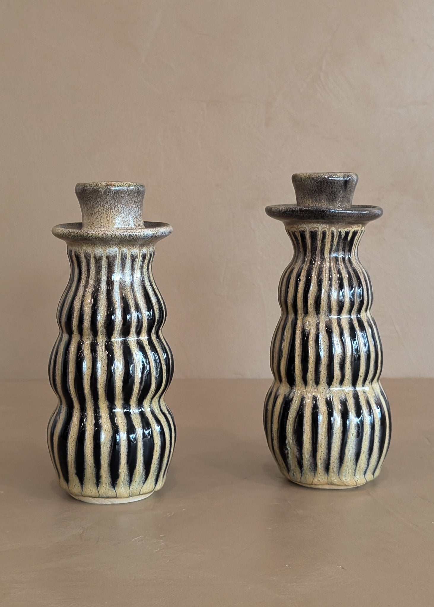 Pair of Studio Pottery Striped Candlesticks