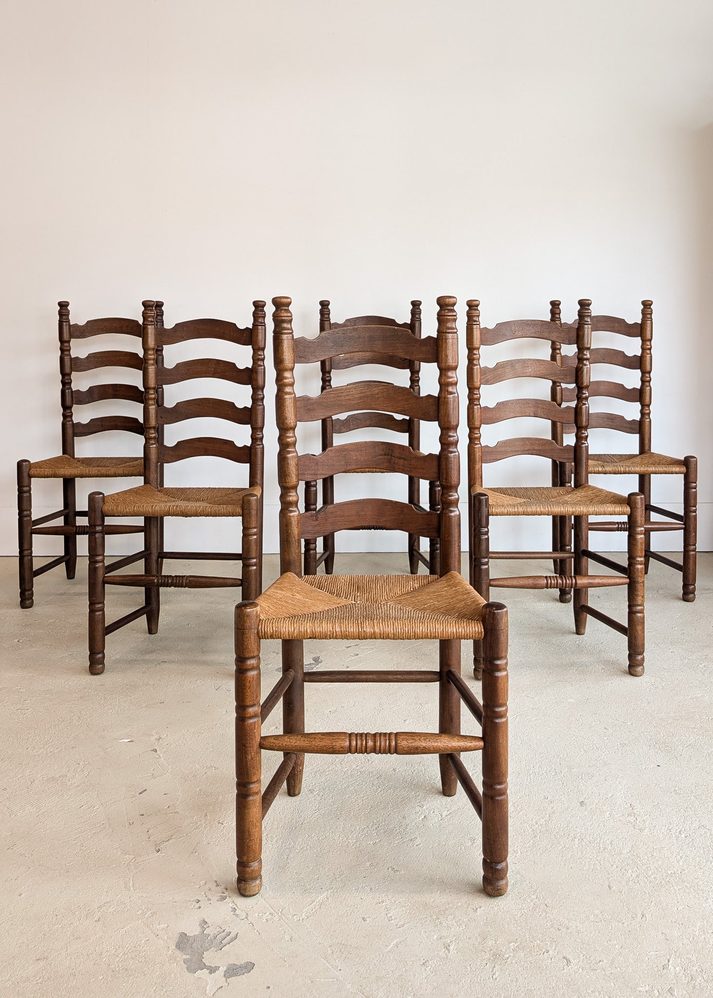 Set of 6 Vintage Wood and Rush Charles Dudouyt-Style Ladderback Chairs