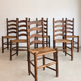 Set of 6 Vintage Wood and Rush Charles Dudouyt-Style Ladderback Chairs