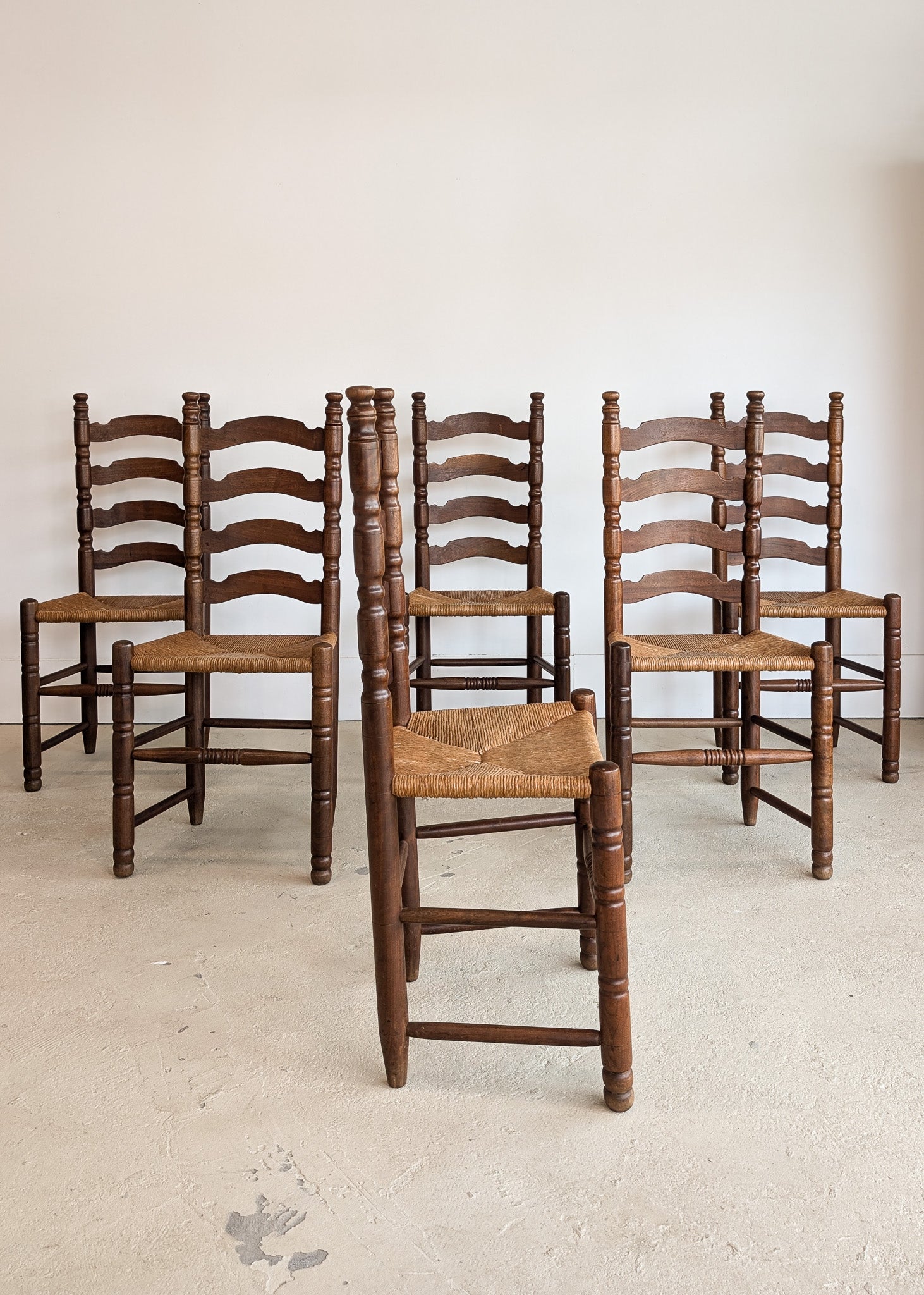 Set of 6 Vintage Wood and Rush Charles Dudouyt-Style Ladderback Chairs