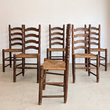 Set of 6 Vintage Wood and Rush Charles Dudouyt-Style Ladderback Chairs