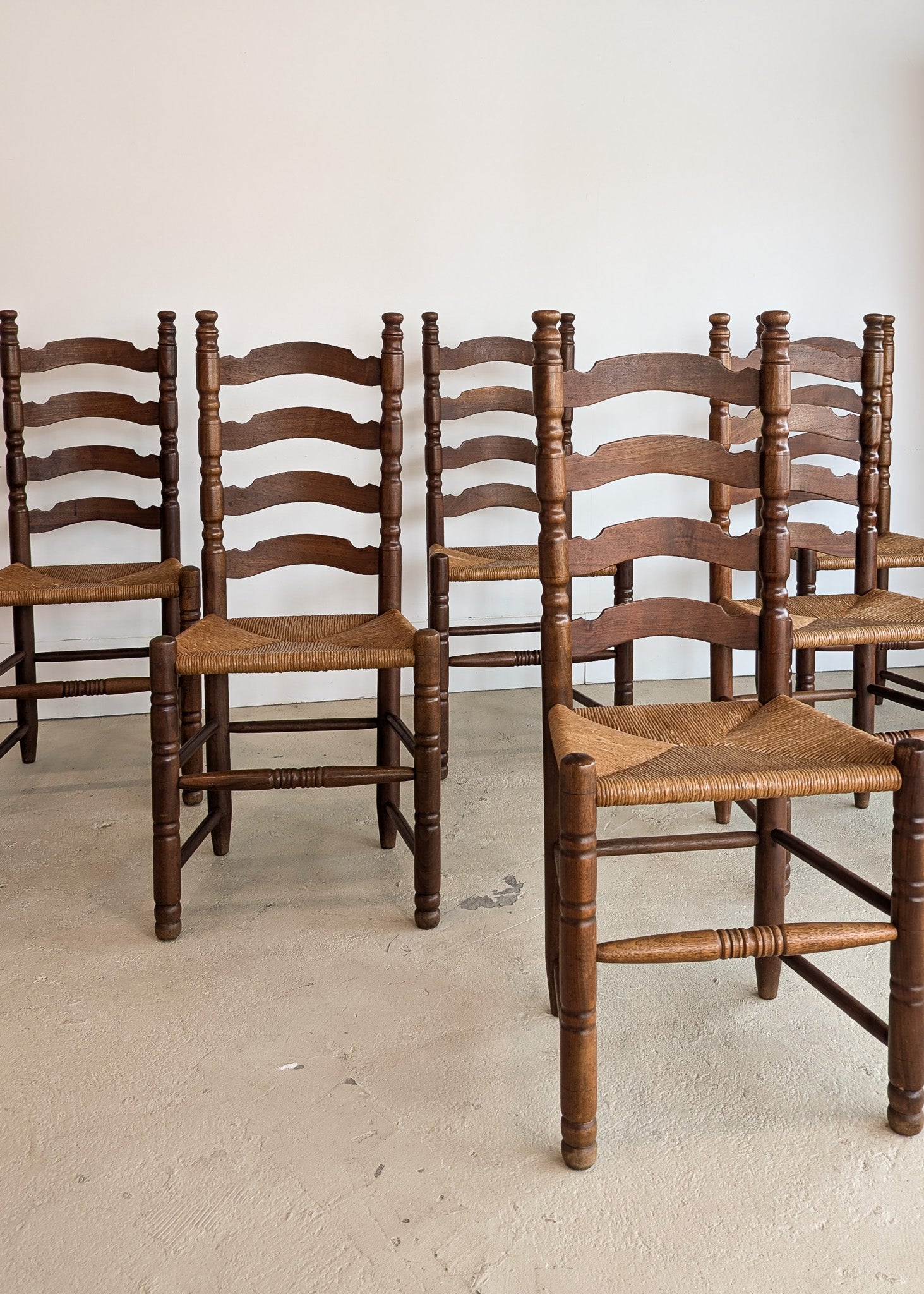 Set of 6 Vintage Wood and Rush Charles Dudouyt-Style Ladderback Chairs