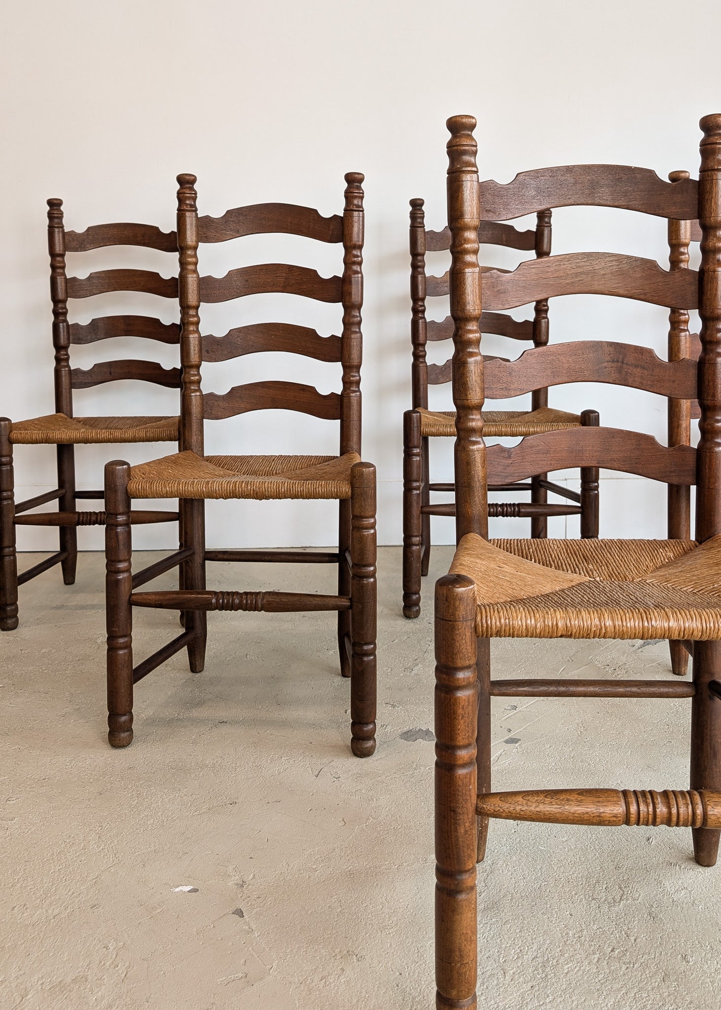 Set of 6 Vintage Wood and Rush Charles Dudouyt-Style Ladderback Chairs