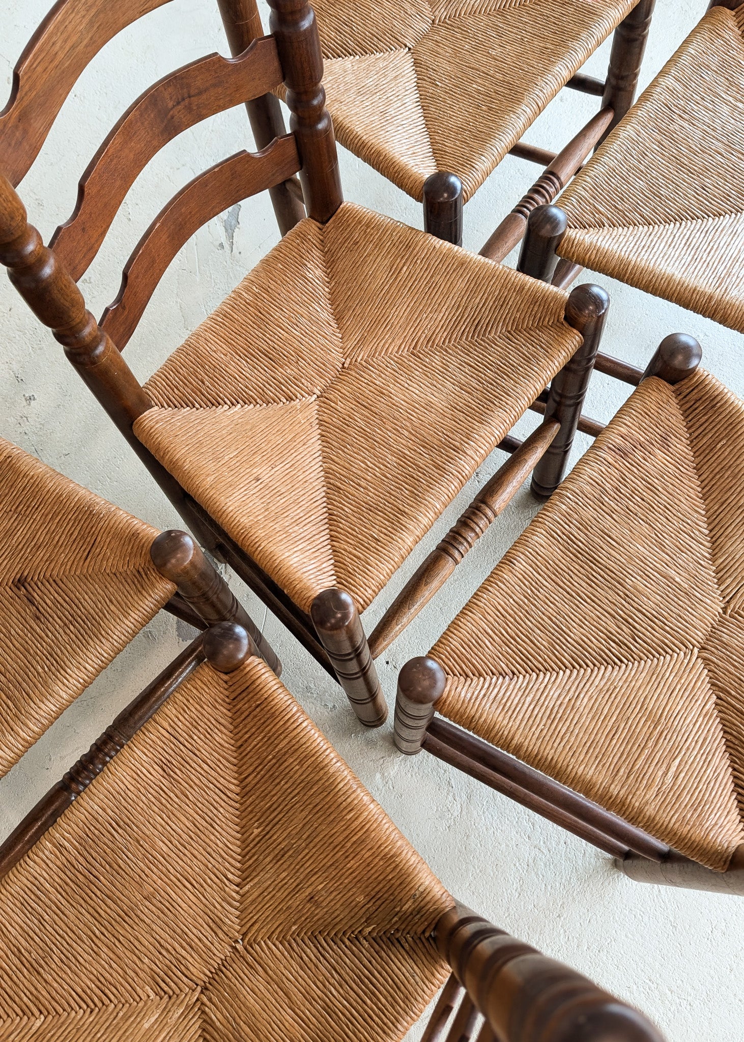 Set of 6 Vintage Wood and Rush Charles Dudouyt-Style Ladderback Chairs