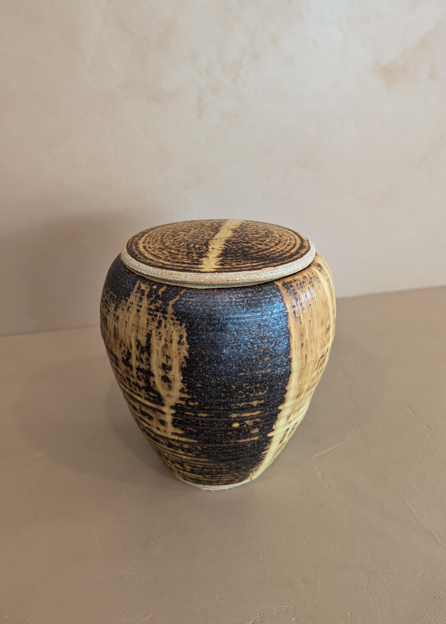 Textured Neutral Flat Lidded Studio Pottery Vase