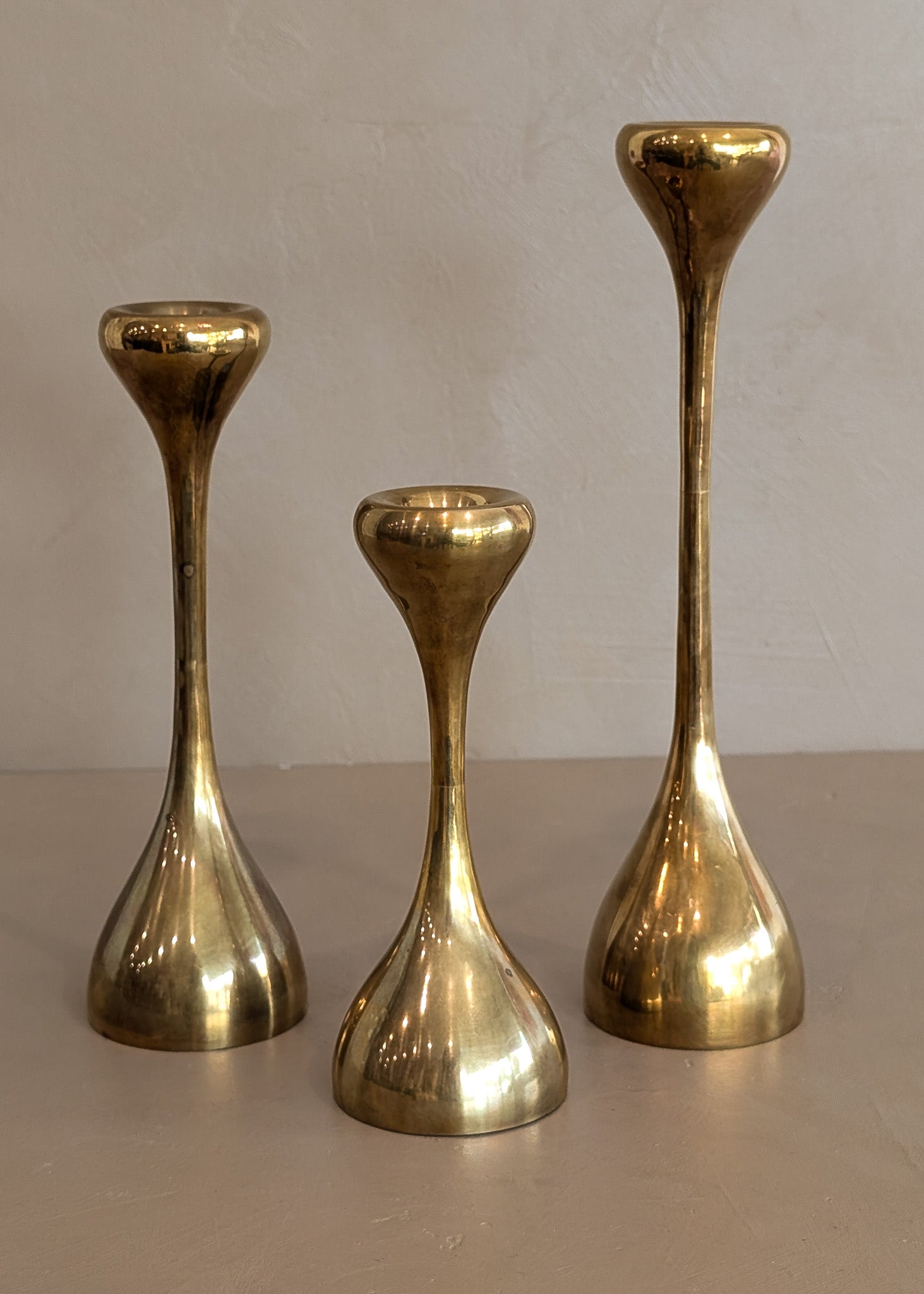 Trio of Midcentury Swedish Brass Candleholders