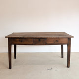 Antique Late 1700s to Mid 1800s Dark Wooden Walnut French Farm House Table with Drawers