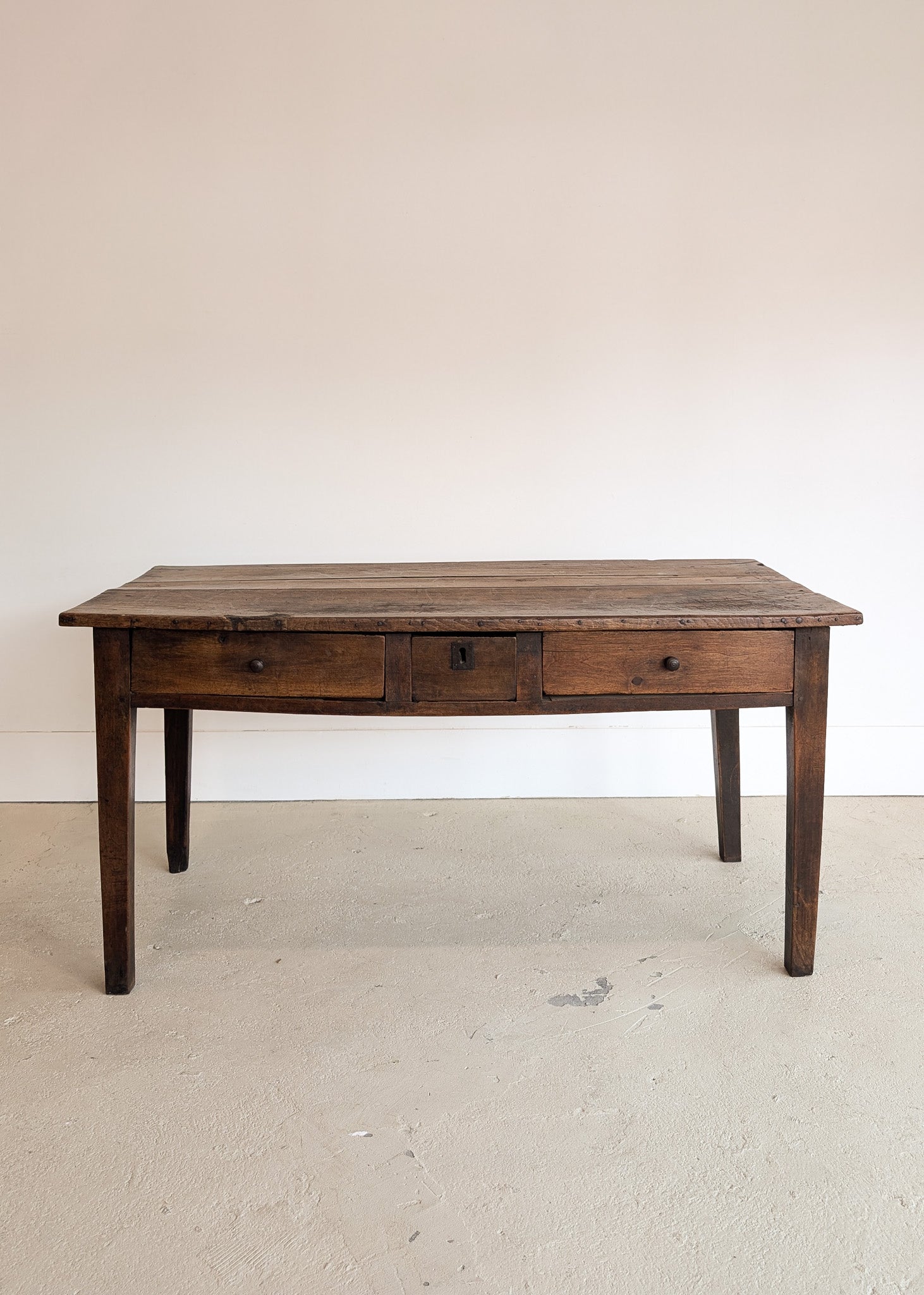 Antique Late 1700s to Mid 1800s Dark Wooden Walnut French Farm House Table with Drawers