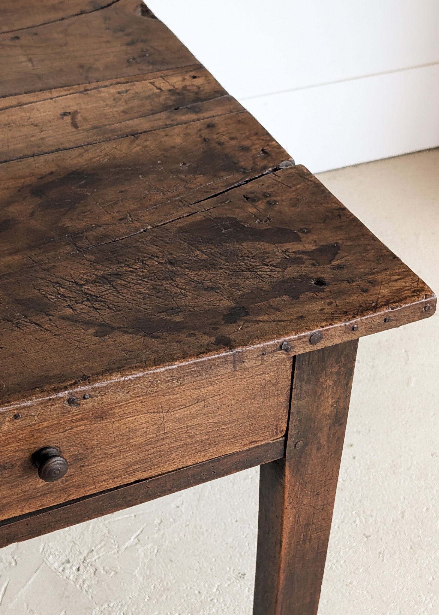 Antique Late 1700s to Mid 1800s Dark Wooden Walnut French Farm House Table with Drawers