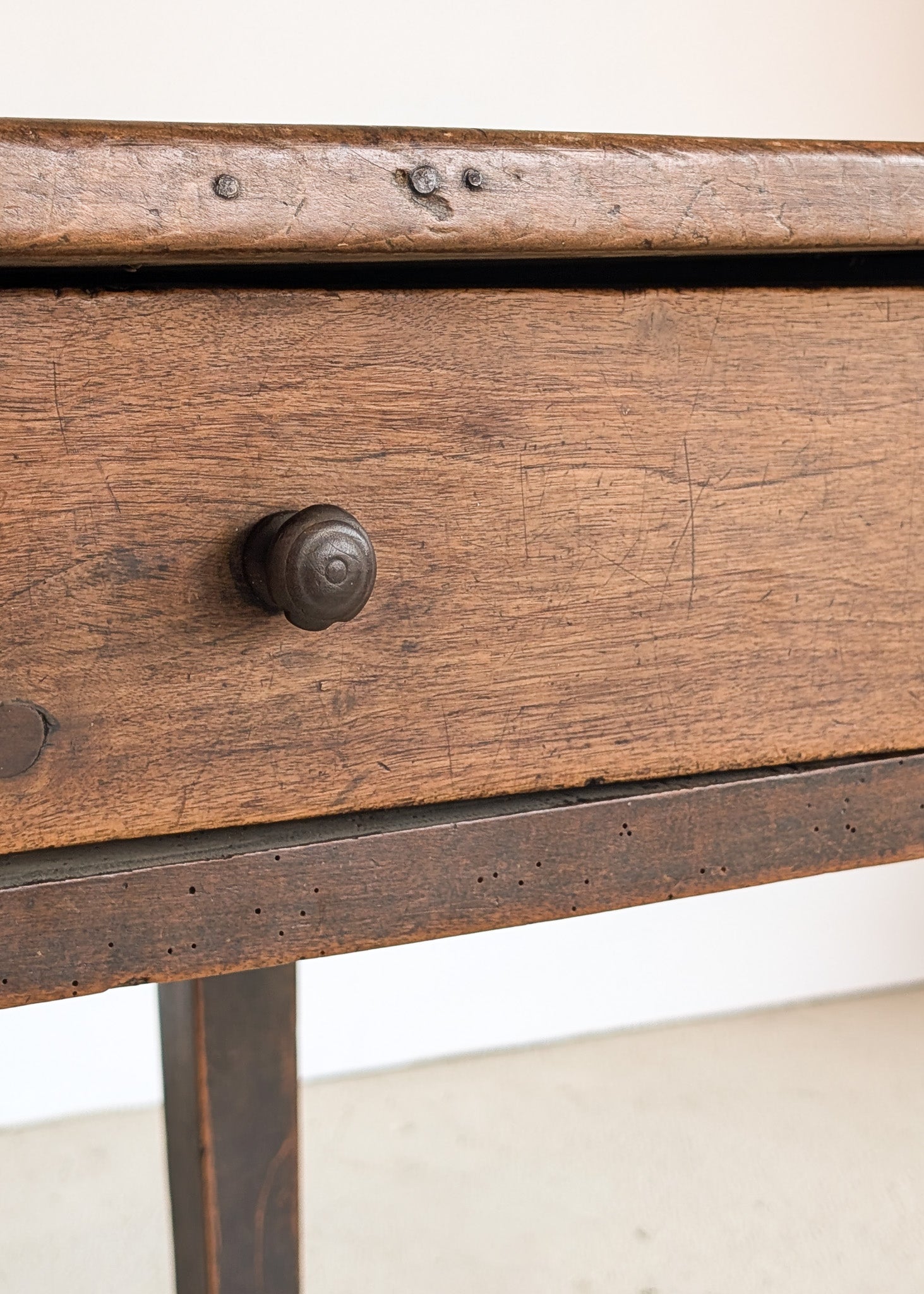 Antique Late 1700s to Mid 1800s Dark Wooden Walnut French Farm House Table with Drawers