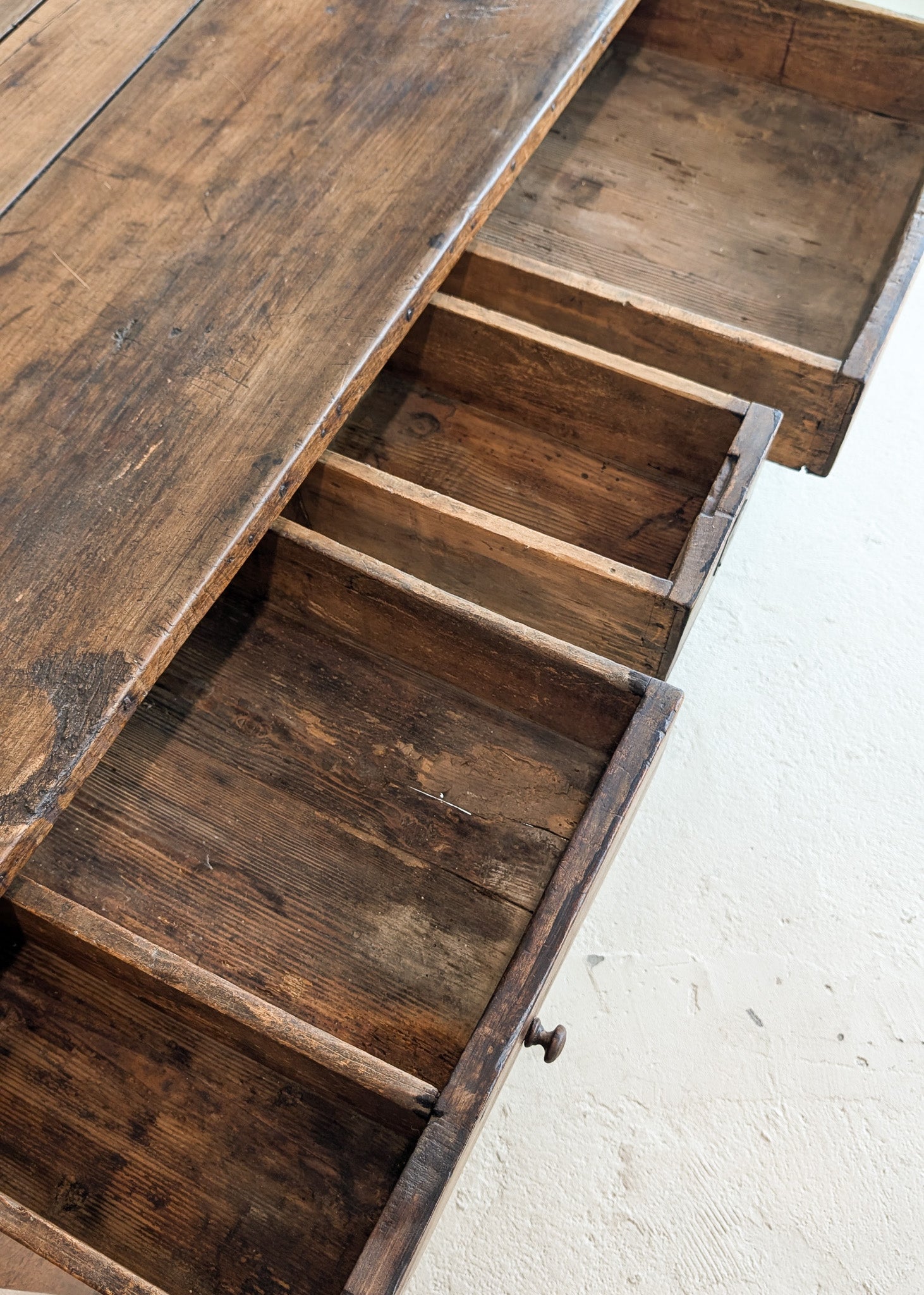 Antique Late 1700s to Mid 1800s Dark Wooden Walnut French Farm House Table with Drawers