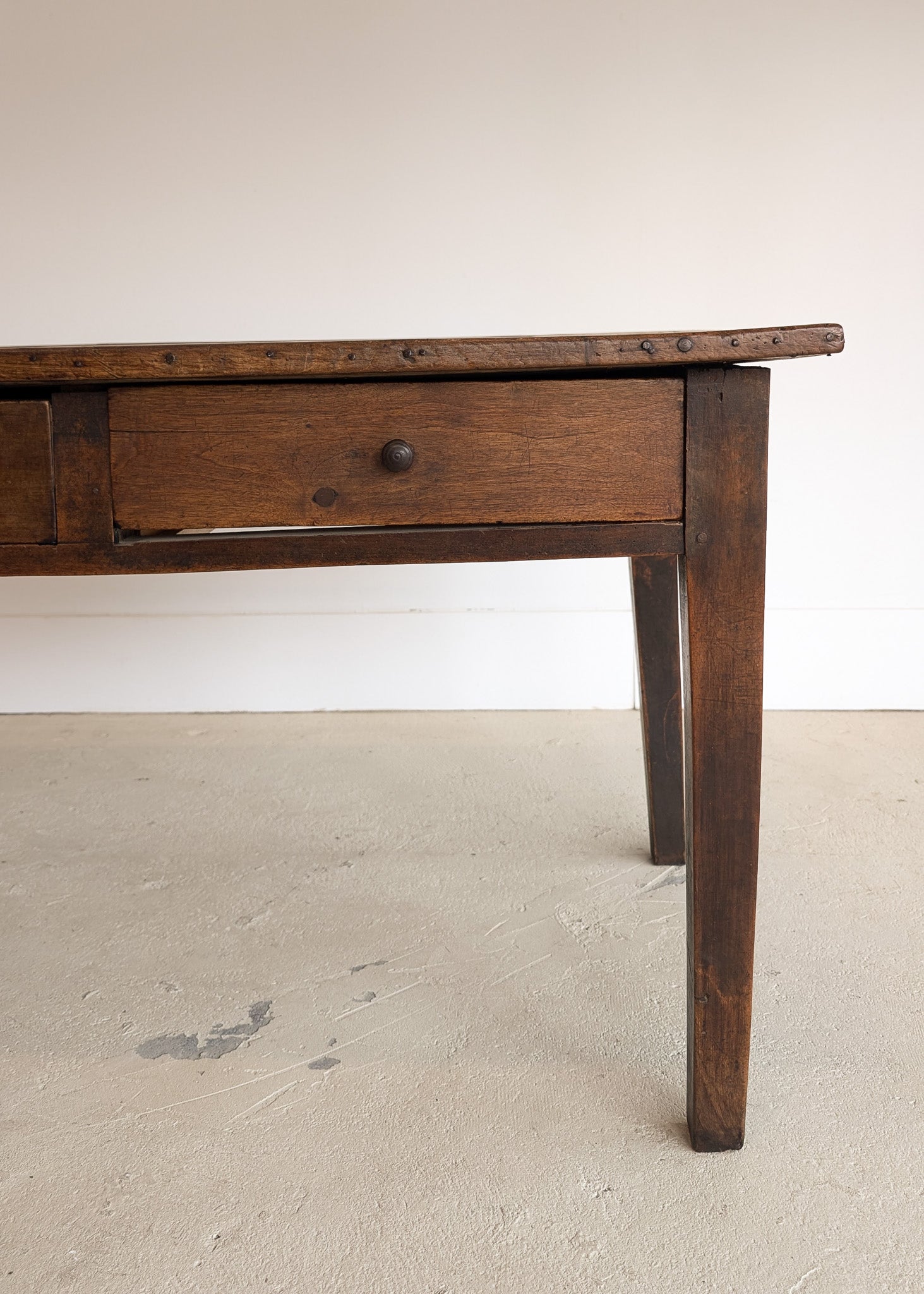 Antique Late 1700s to Mid 1800s Dark Wooden Walnut French Farm House Table with Drawers