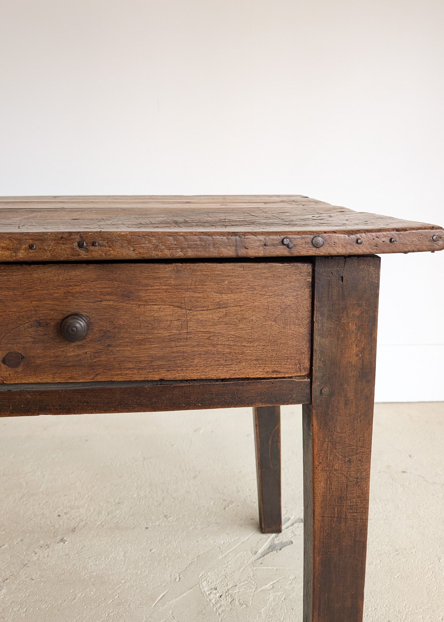 Antique Late 1700s to Mid 1800s Dark Wooden Walnut French Farm House Table with Drawers