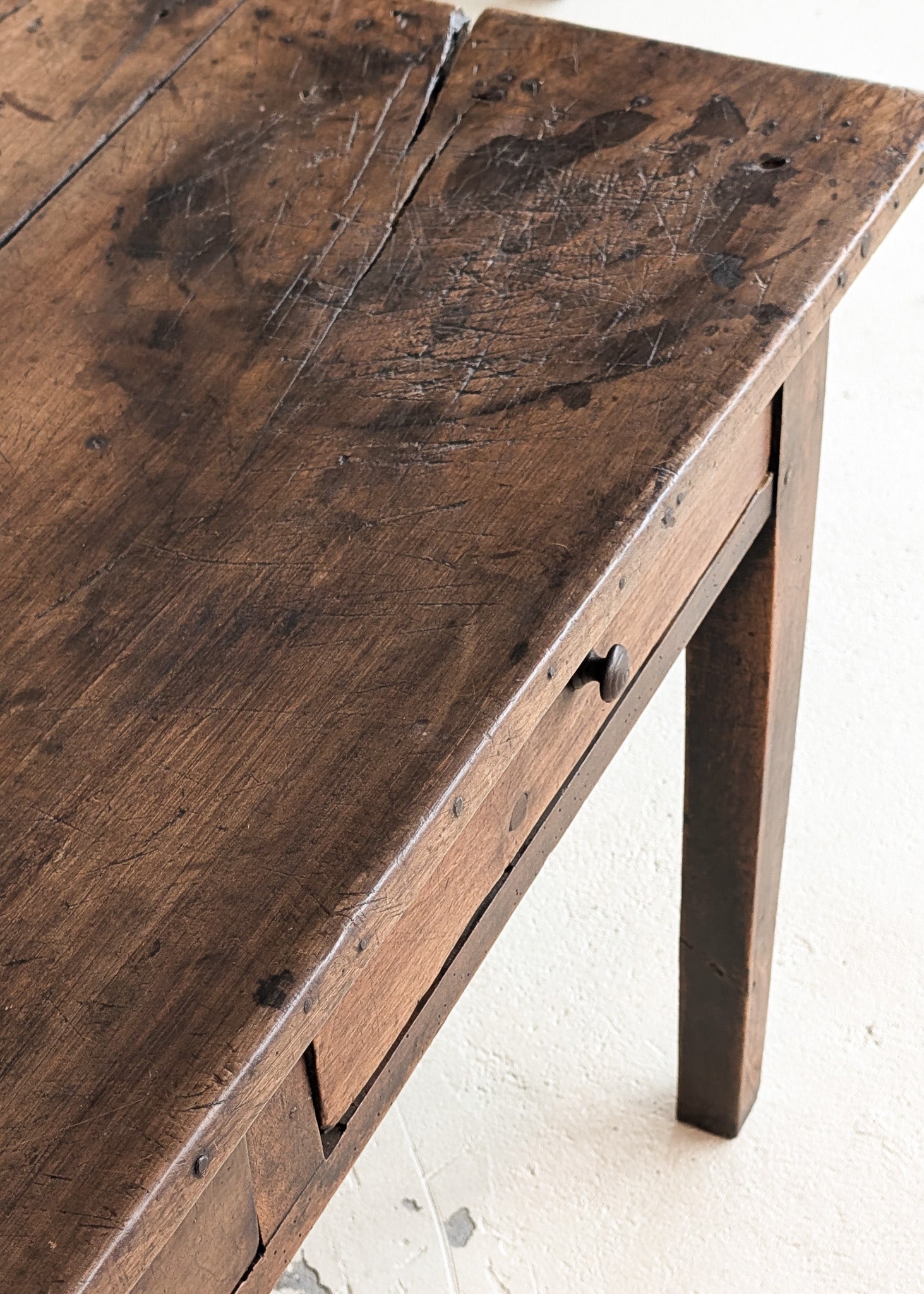 Antique Late 1700s to Mid 1800s Dark Wooden Walnut French Farm House Table with Drawers