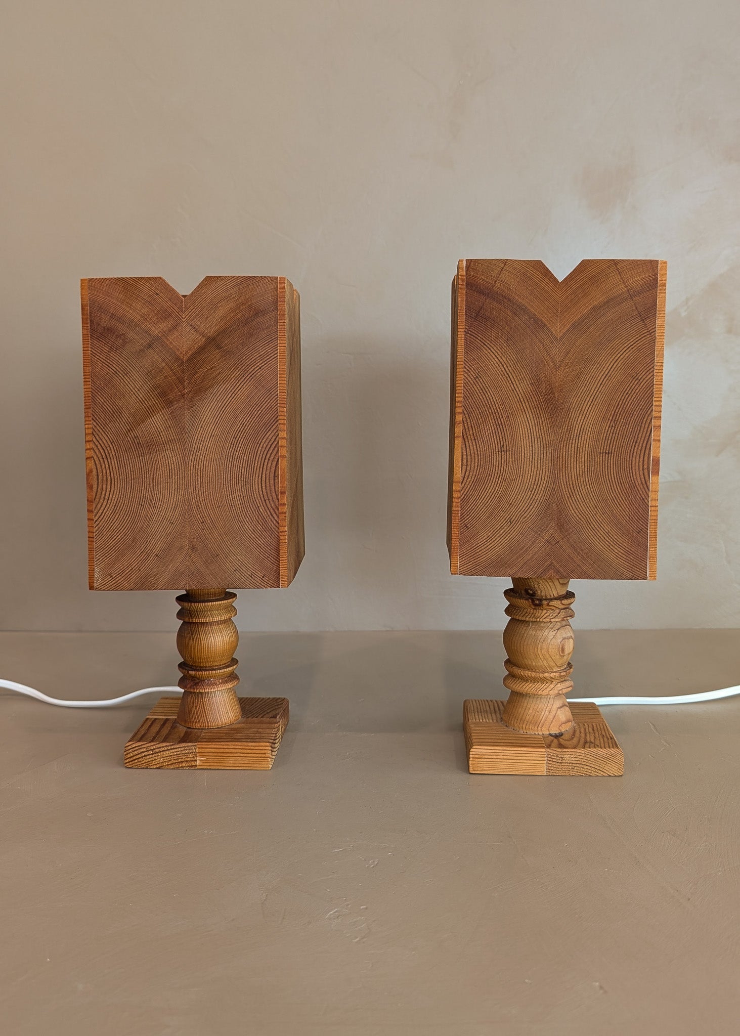 Pair of Petite Vintage Handcrafted Swedish Pine Lamps with Pine Lampshades