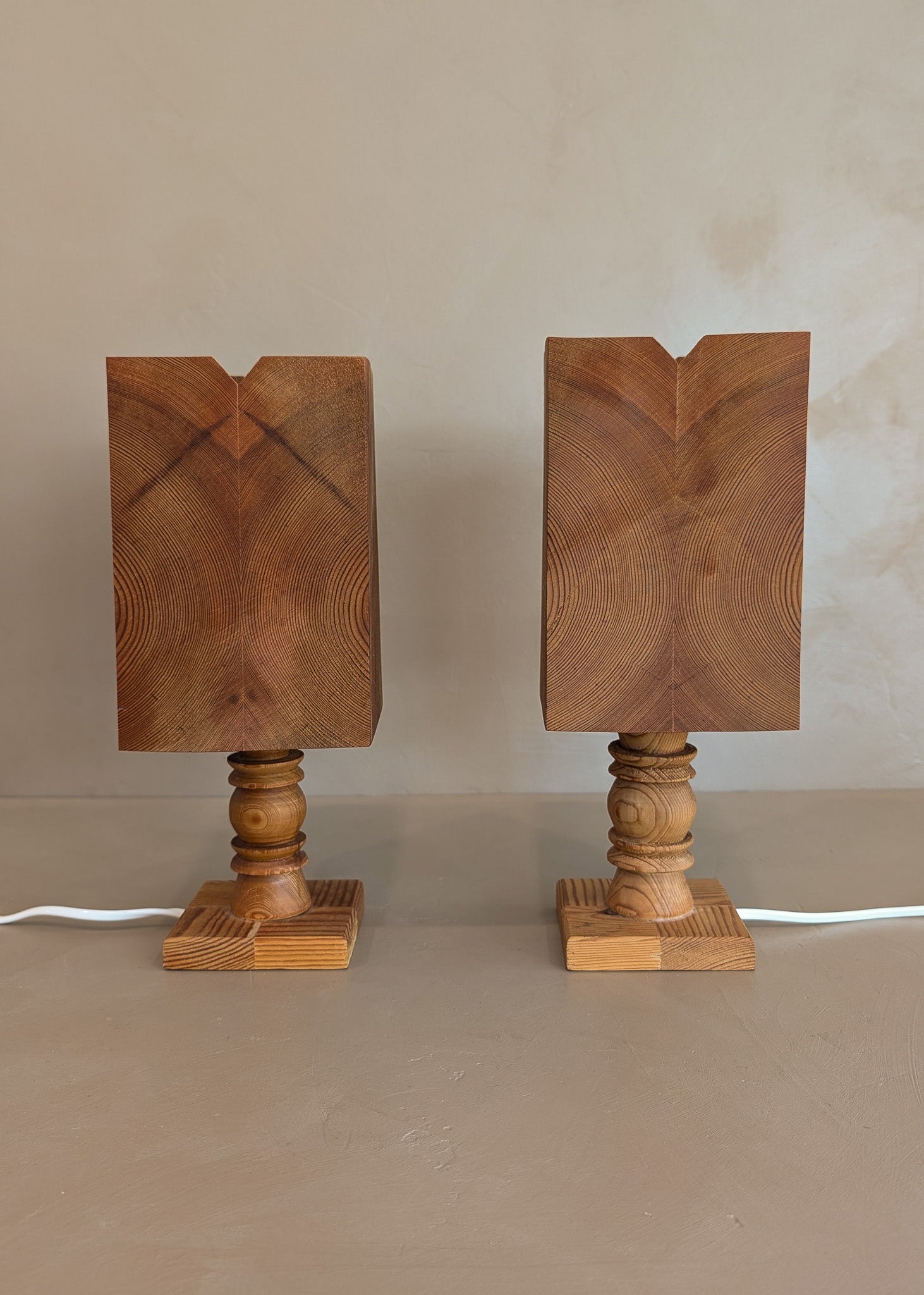 Pair of Petite Vintage Handcrafted Swedish Pine Lamps with Pine Lampshades