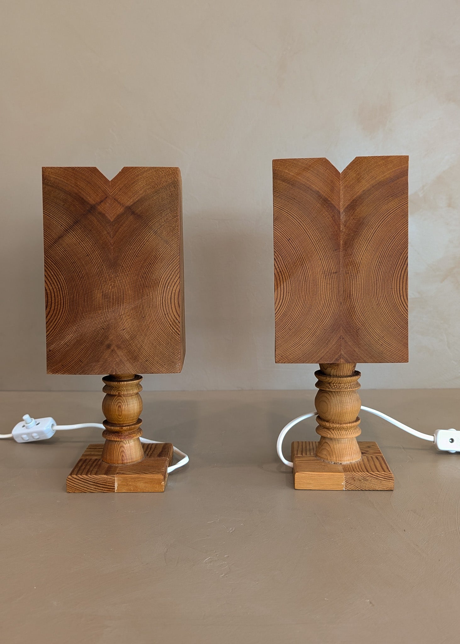 Pair of Petite Vintage Handcrafted Swedish Pine Lamps with Pine Lampshades