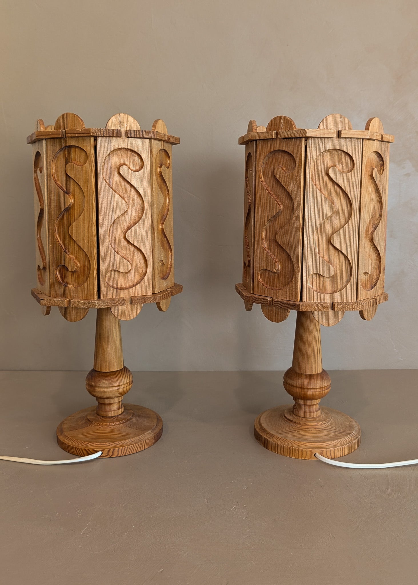 Pair of Vintage Swedish Pine Lamps with Movable Wooden Squiggle Lampshades