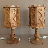 Pair of Vintage Swedish Pine Lamps with Movable Wooden Squiggle Lampshades