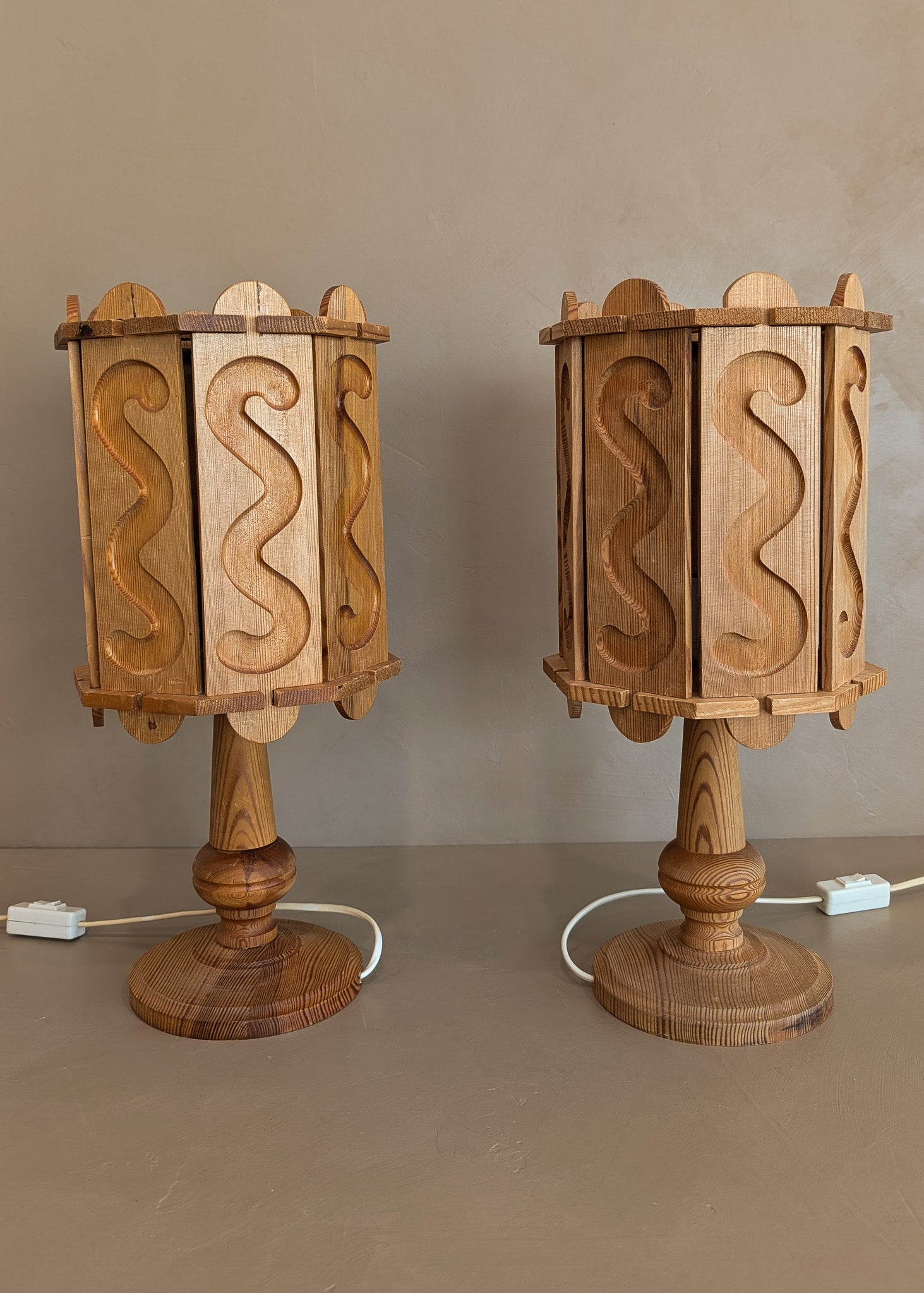 Pair of Vintage Swedish Pine Lamps with Movable Wooden Squiggle Lampshades