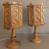 Pair of Vintage Swedish Pine Lamps with Movable Wooden Squiggle Lampshades