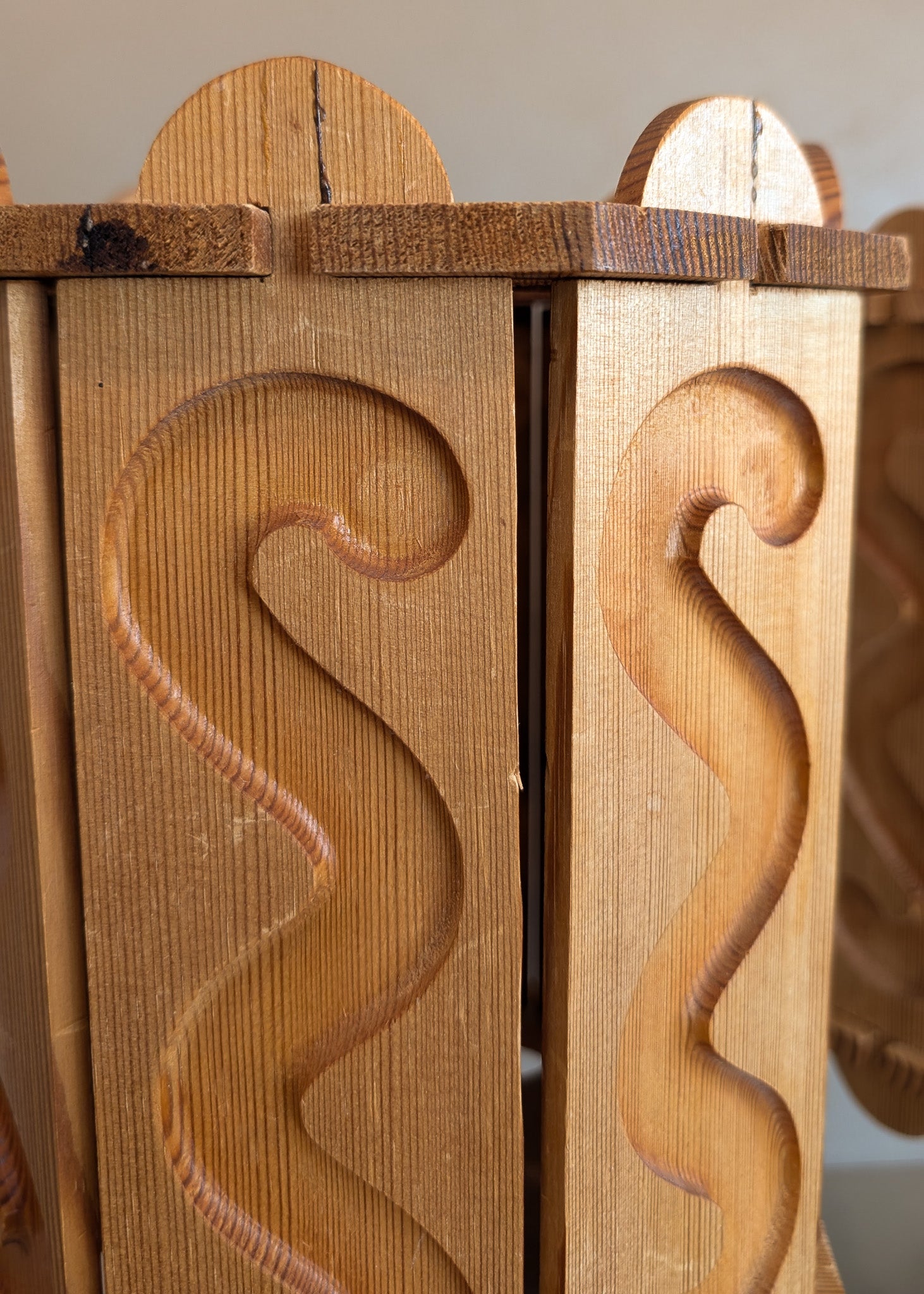 Pair of Vintage Swedish Pine Lamps with Movable Wooden Squiggle Lampshades