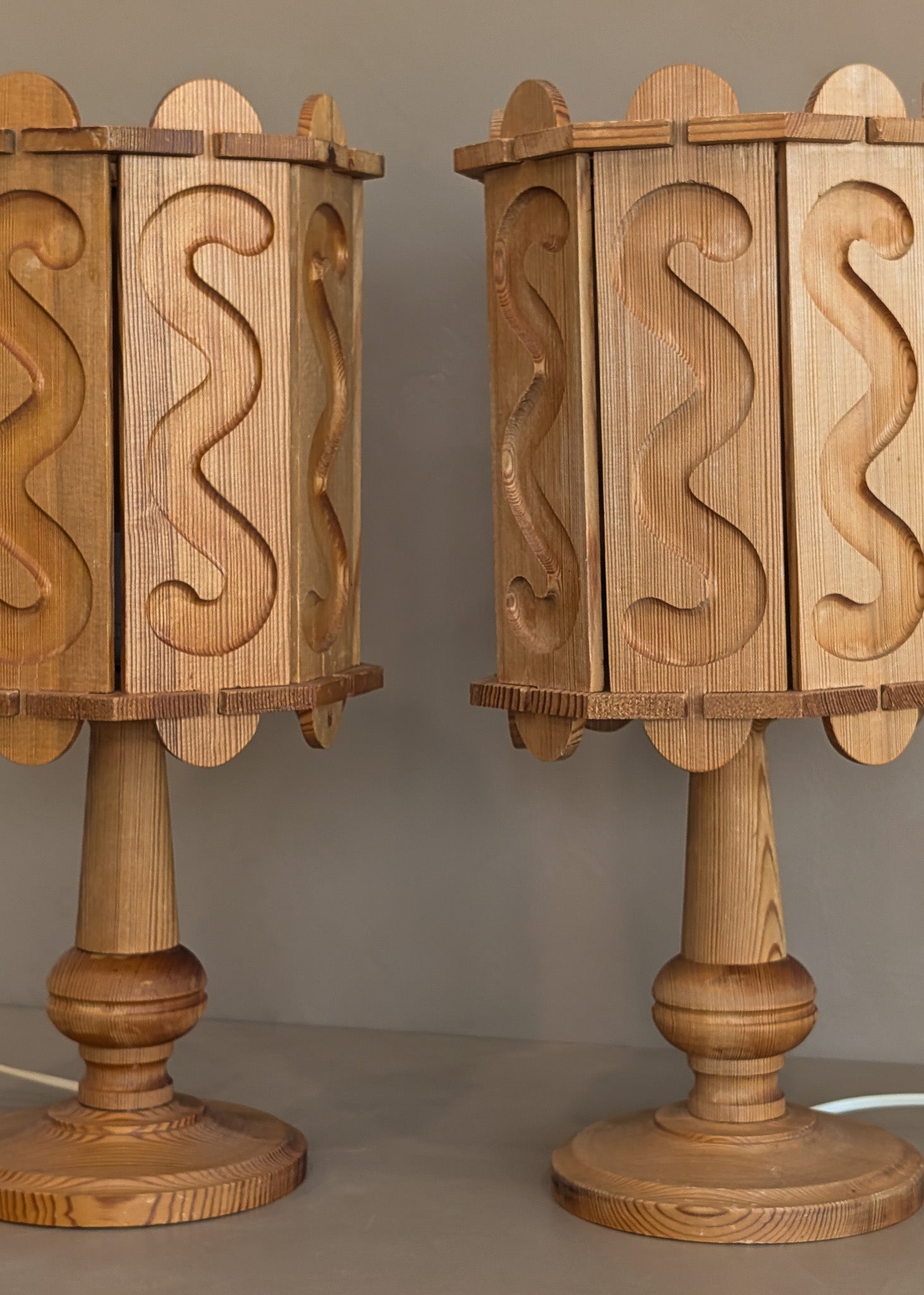 Pair of Vintage Swedish Pine Lamps with Movable Wooden Squiggle Lampshades