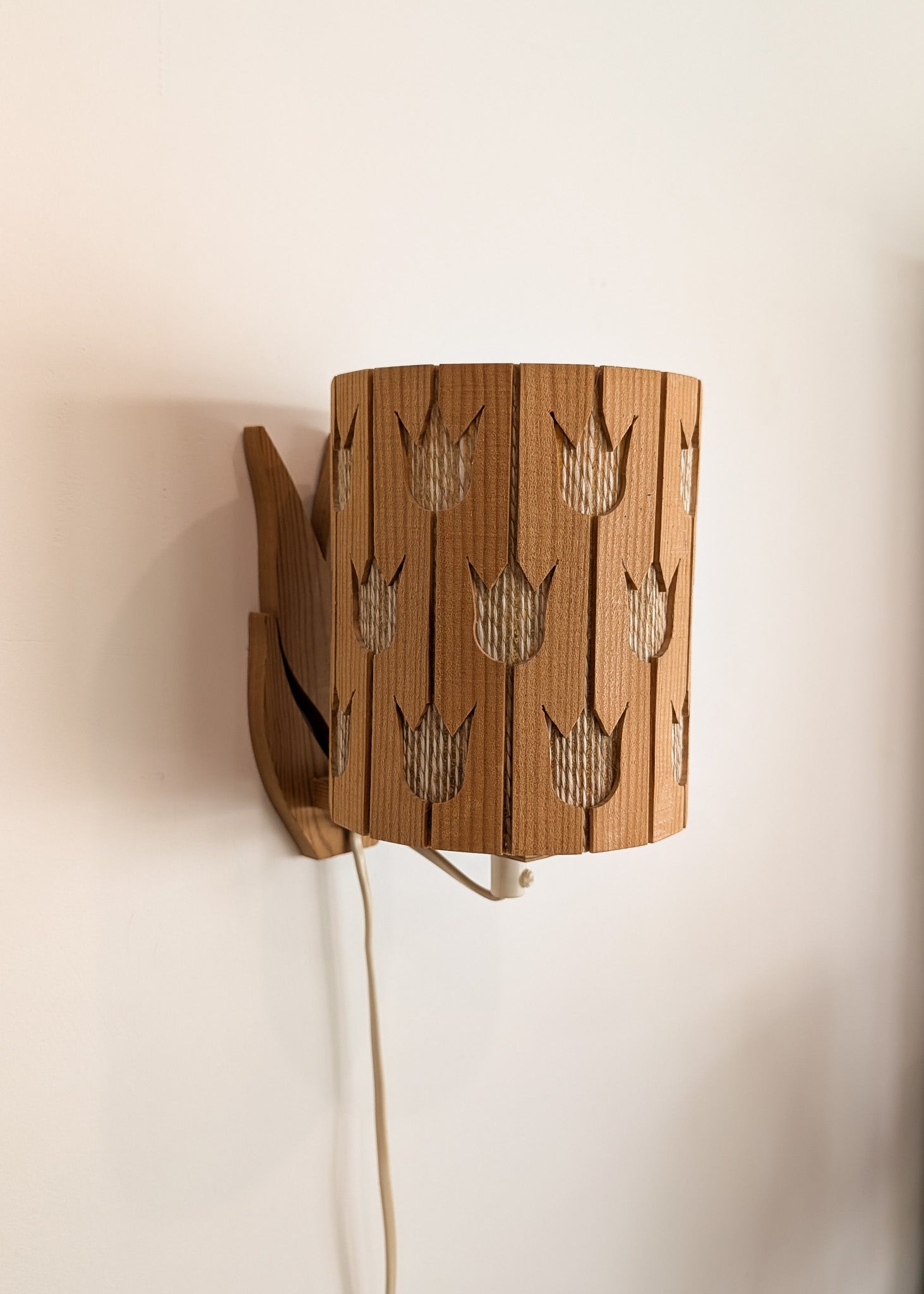 Vintage Swedish Pine and String Wall Sconce with Tulip Cutouts