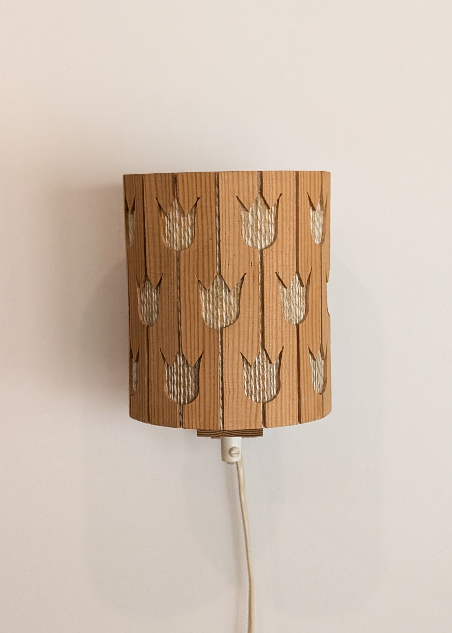 Vintage Swedish Pine and String Wall Sconce with Tulip Cutouts