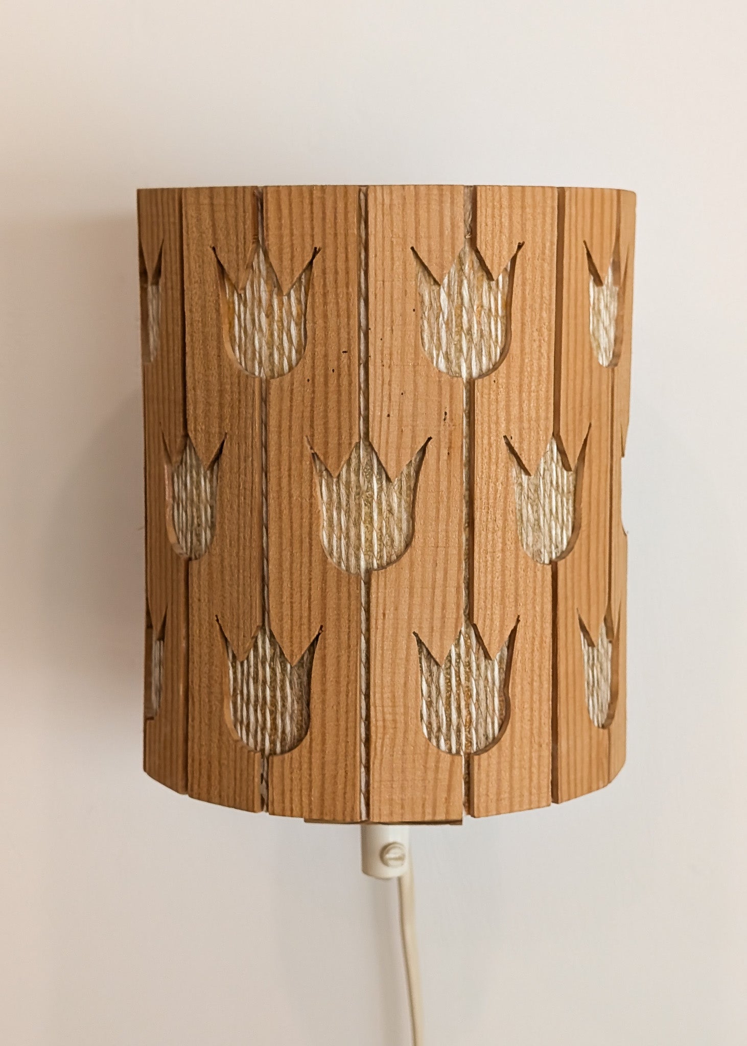 Vintage Swedish Pine and String Wall Sconce with Tulip Cutouts