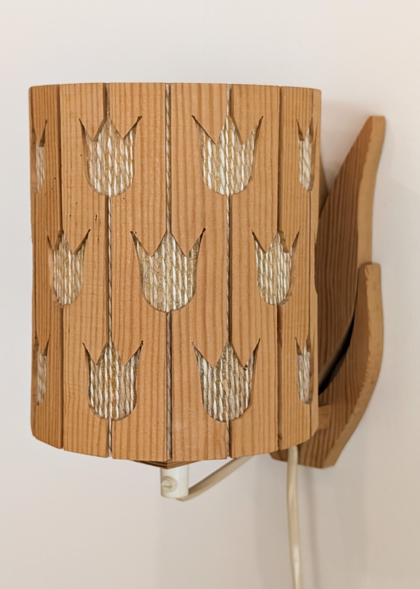 Vintage Swedish Pine and String Wall Sconce with Tulip Cutouts