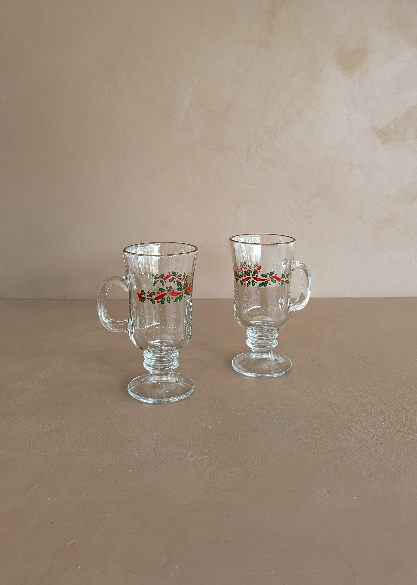 Pair of Vintage Gold-Rimmed Irish Coffee Mugs with Holly and Ribbon Detailing