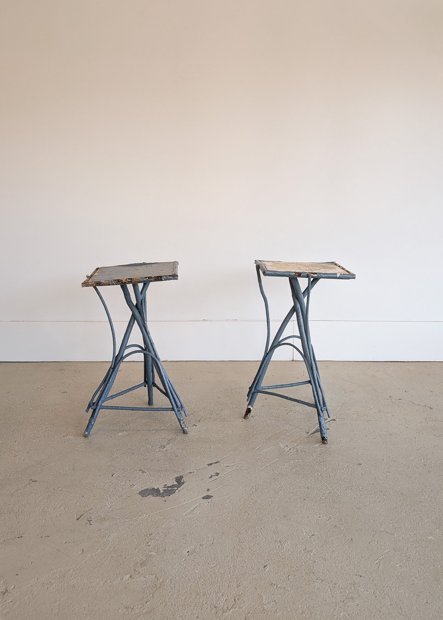 Pair of Vintage Blue Primitive Folk Art Adirondack Twig Side Tables