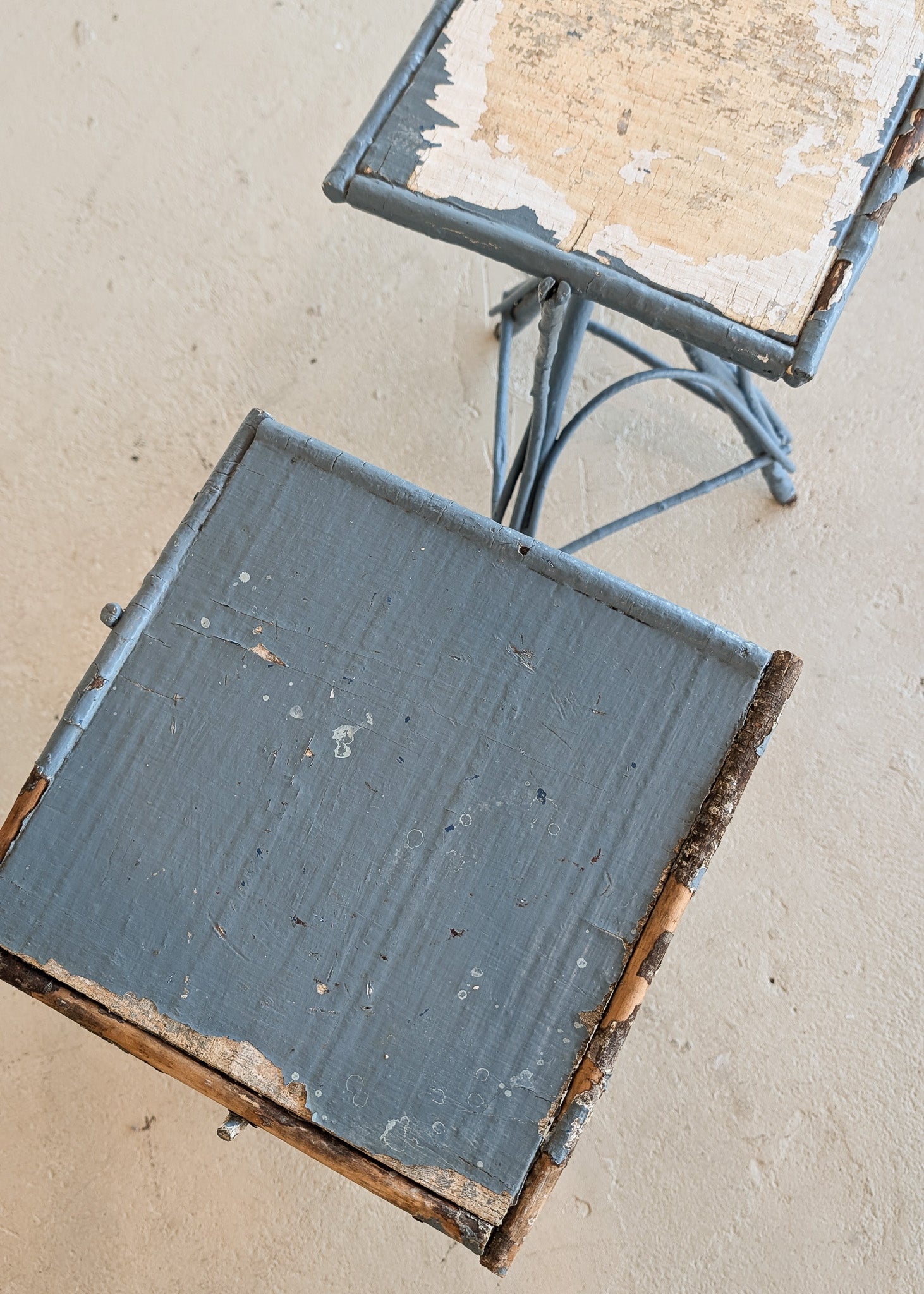 Pair of Vintage Blue Primitive Folk Art Adirondack Twig Side Tables