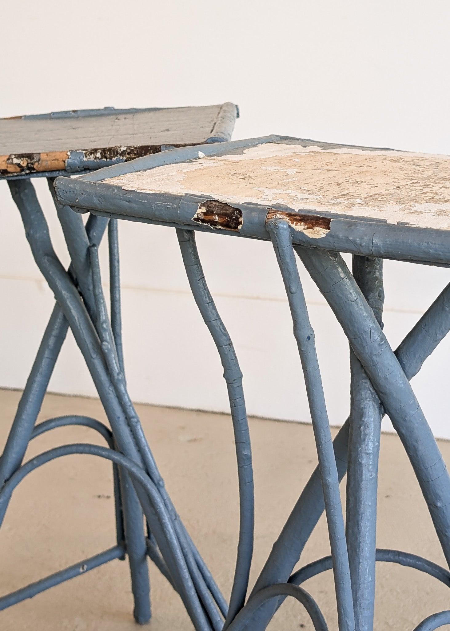 Pair of Vintage Blue Primitive Folk Art Adirondack Twig Side Tables