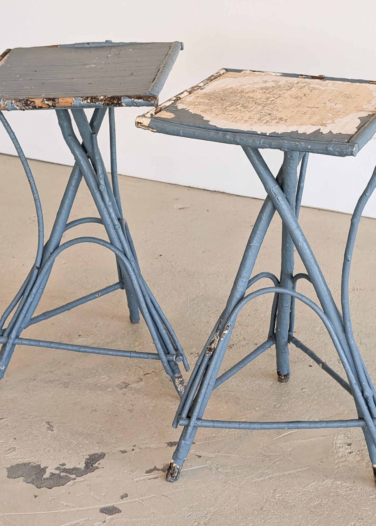 Pair of Vintage Blue Primitive Folk Art Adirondack Twig Side Tables