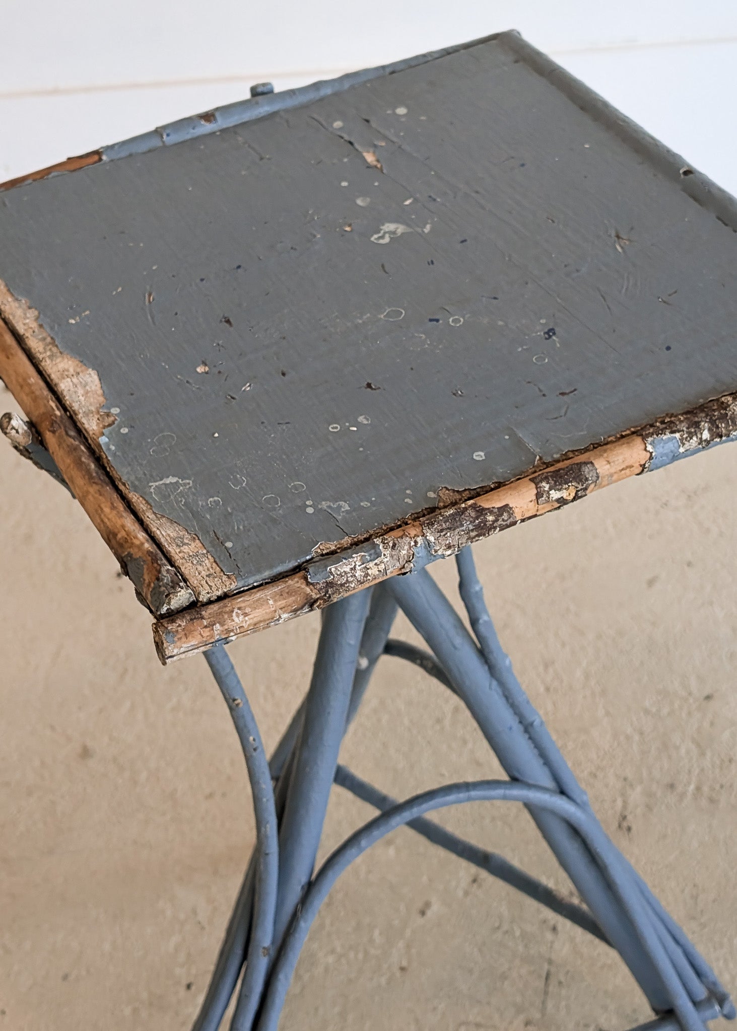 Pair of Vintage Blue Primitive Folk Art Adirondack Twig Side Tables