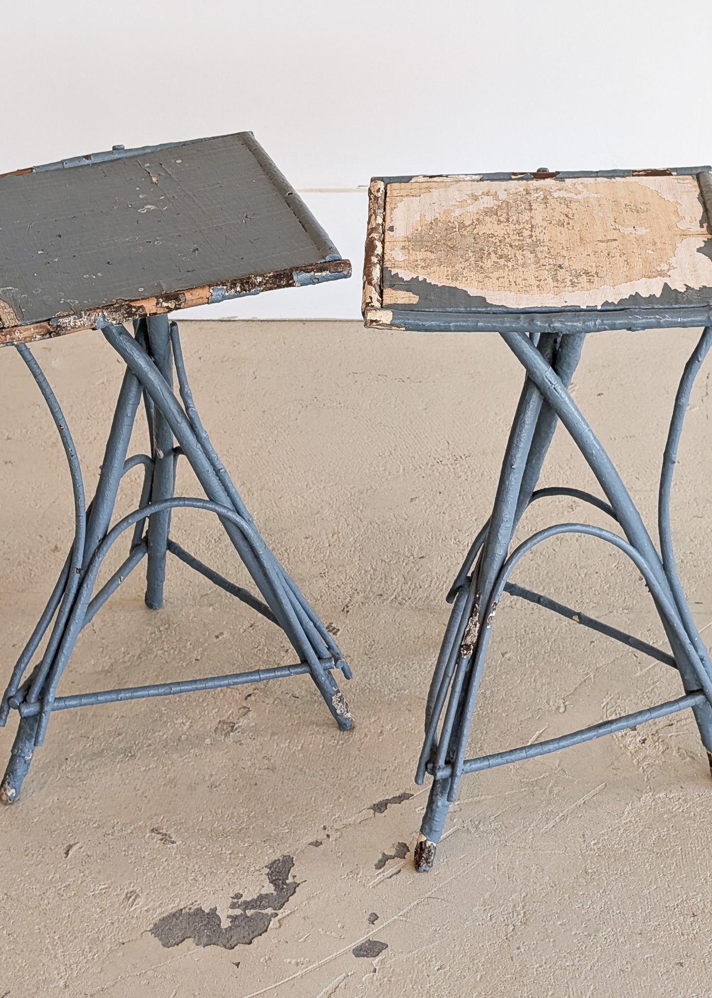 Pair of Vintage Blue Primitive Folk Art Adirondack Twig Side Tables