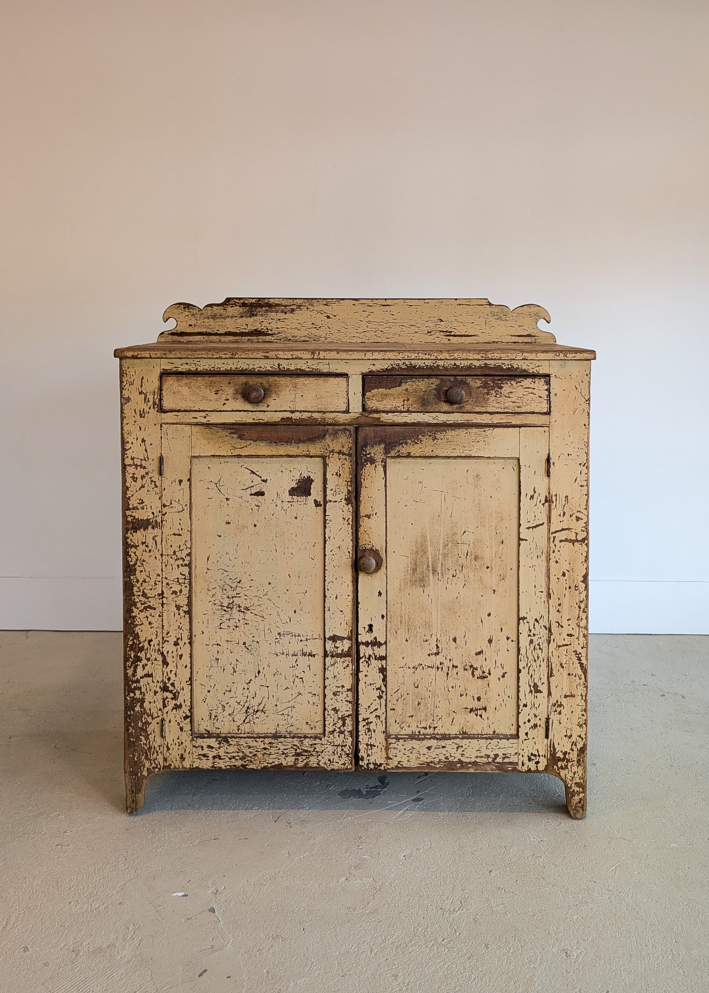 Early 1800s Rare Yellow Painted Jelly Cabinet with Eagle Scroll Gallery