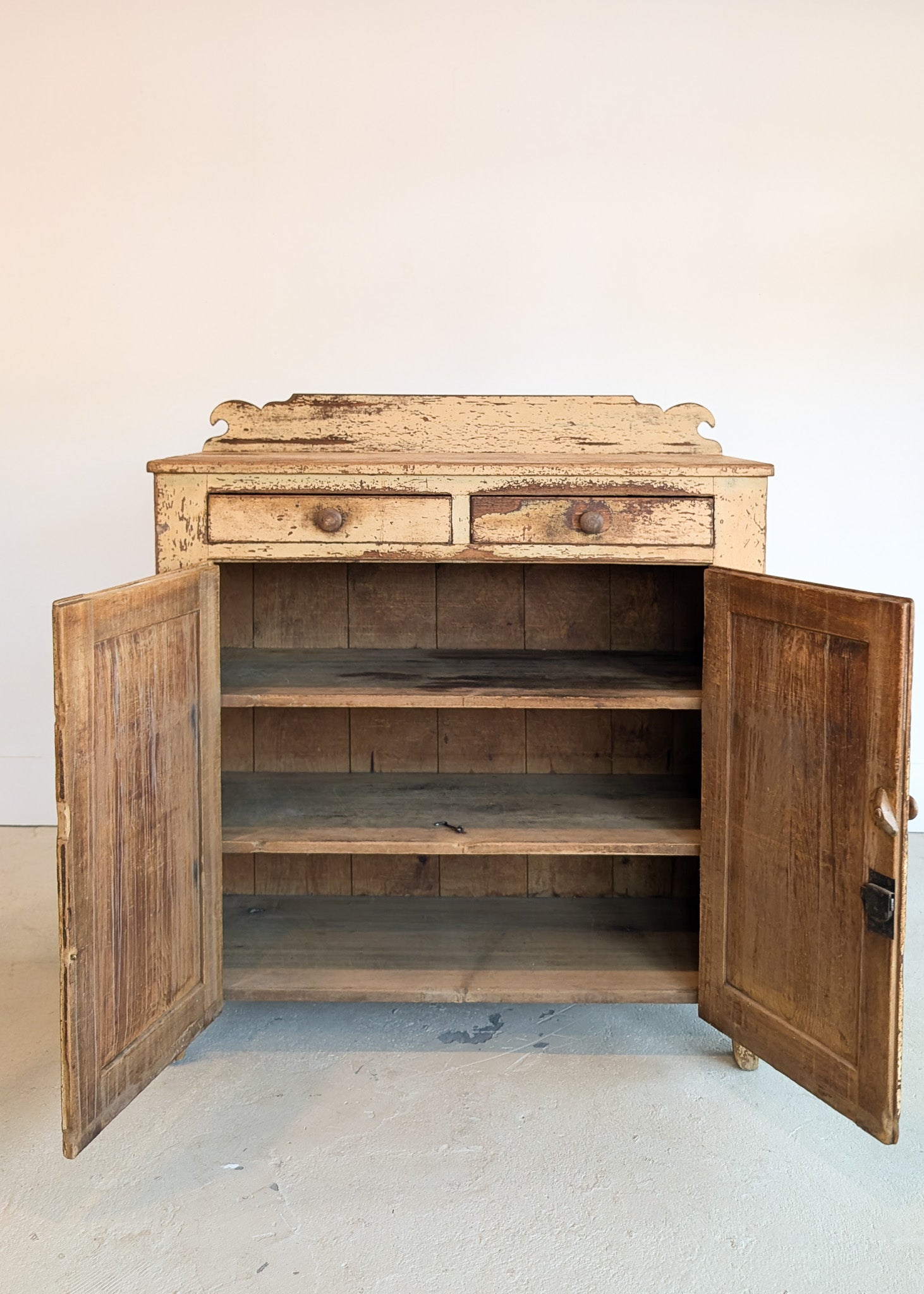 Early 1800s Rare Yellow Painted Jelly Cabinet with Eagle Scroll Gallery