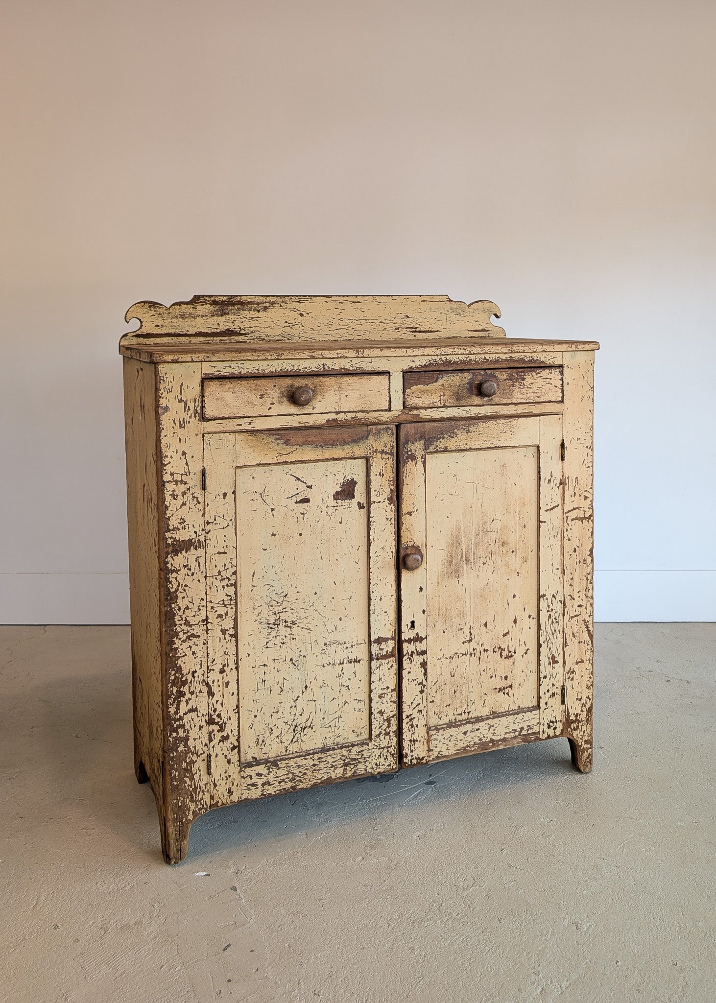 Early 1800s Rare Yellow Painted Jelly Cabinet with Eagle Scroll Gallery