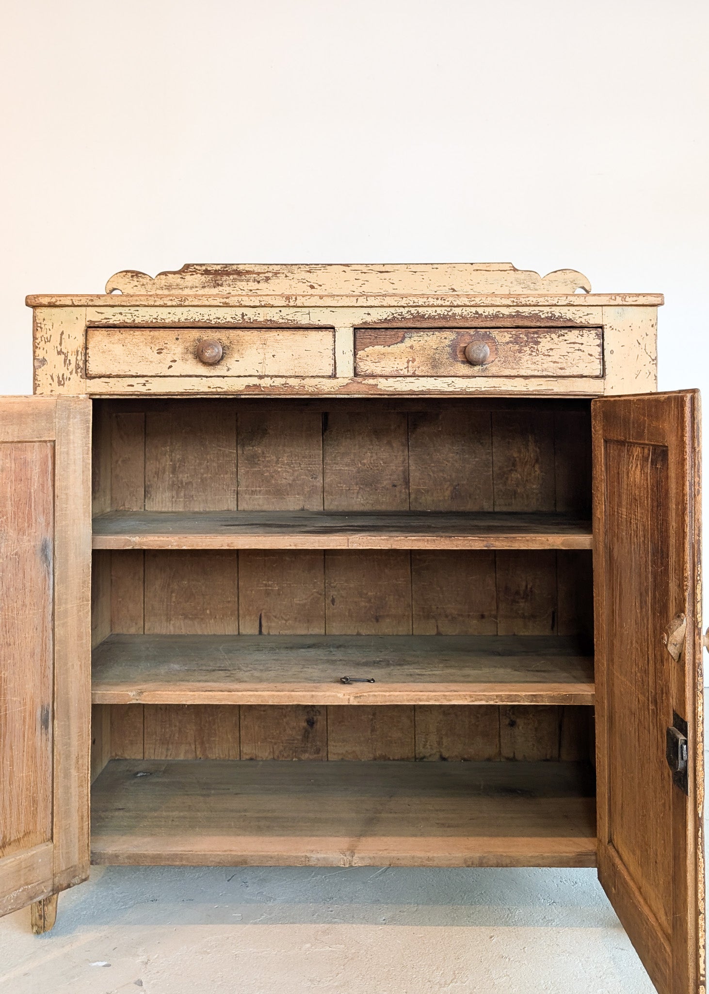 Early 1800s Rare Yellow Painted Jelly Cabinet with Eagle Scroll Gallery