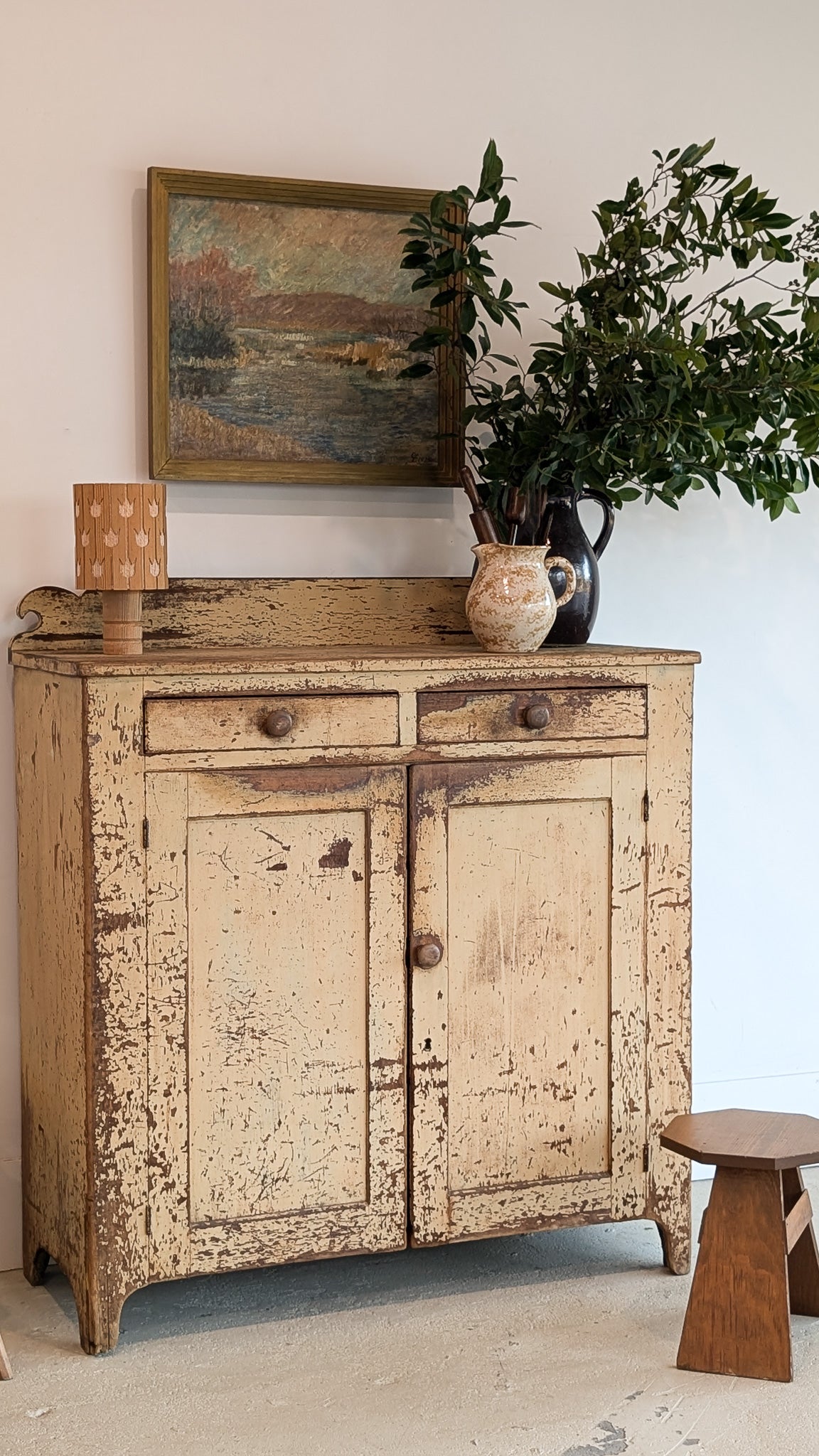 Early 1800s Rare Yellow Painted Jelly Cabinet with Eagle Scroll Gallery