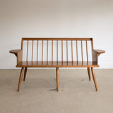 Unique Vintage Wooden Pegged Bench with Demilune Arm Rests