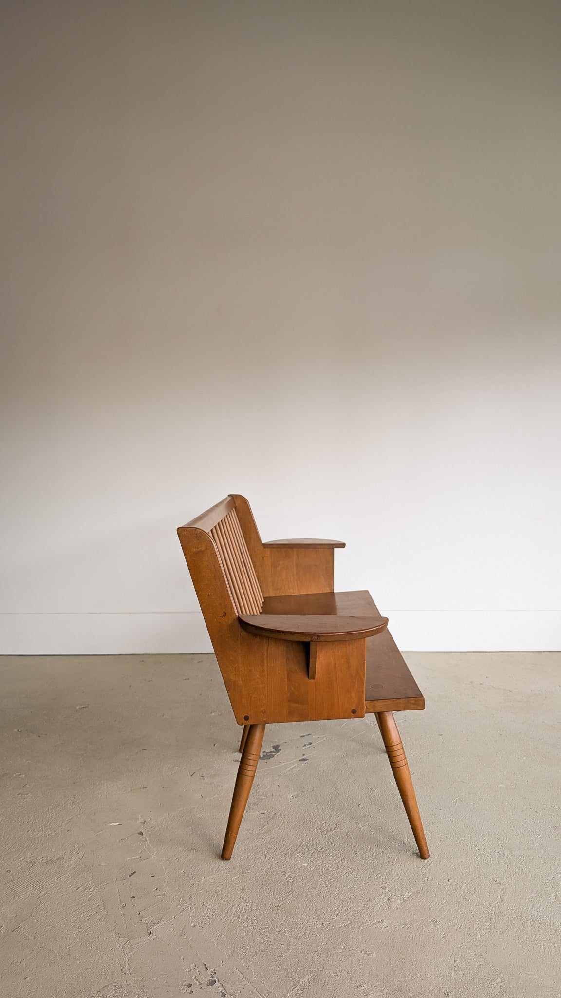 Unique Vintage Wooden Pegged Bench with Demilune Arm Rests