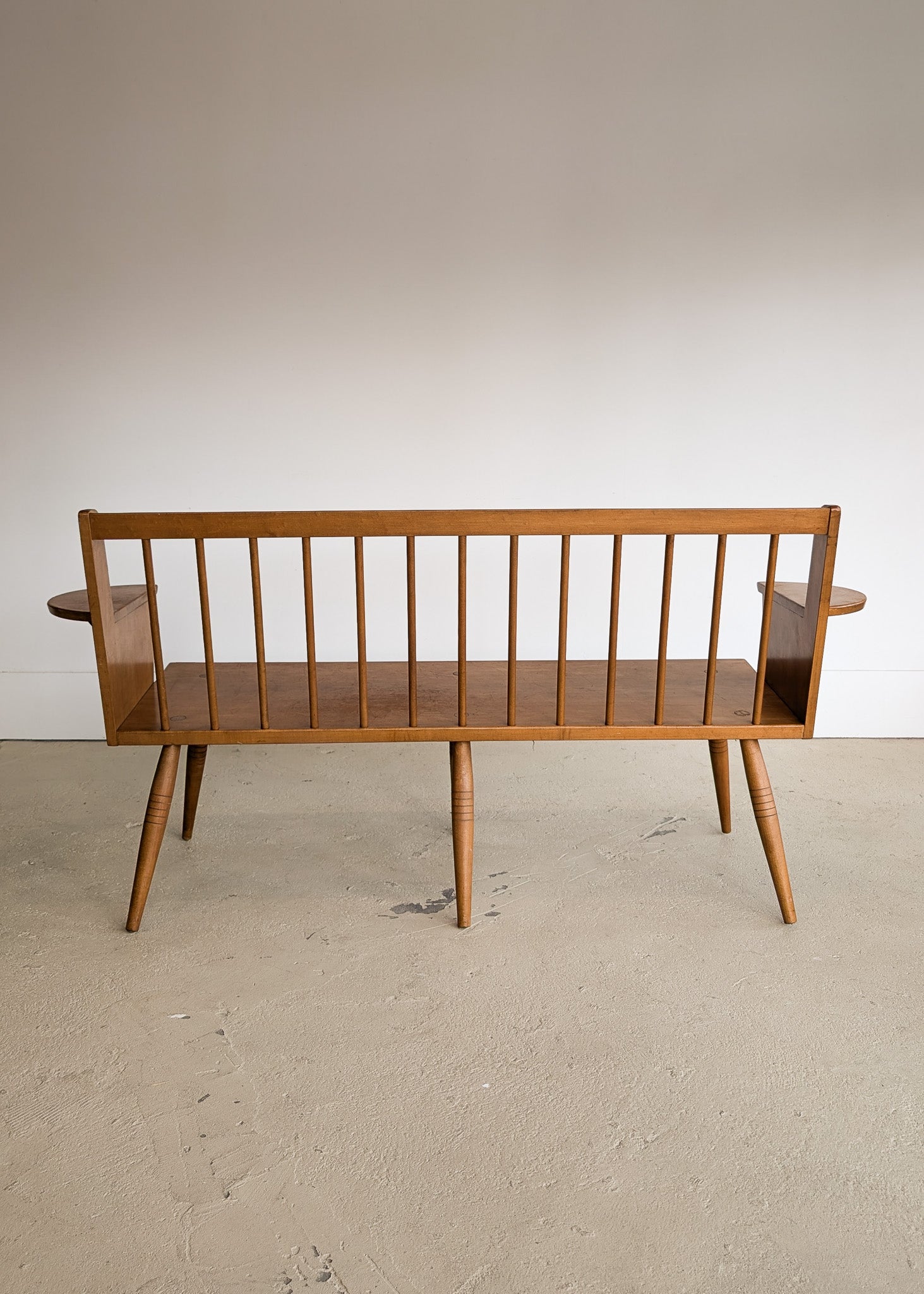 Unique Vintage Wooden Pegged Bench with Demilune Arm Rests