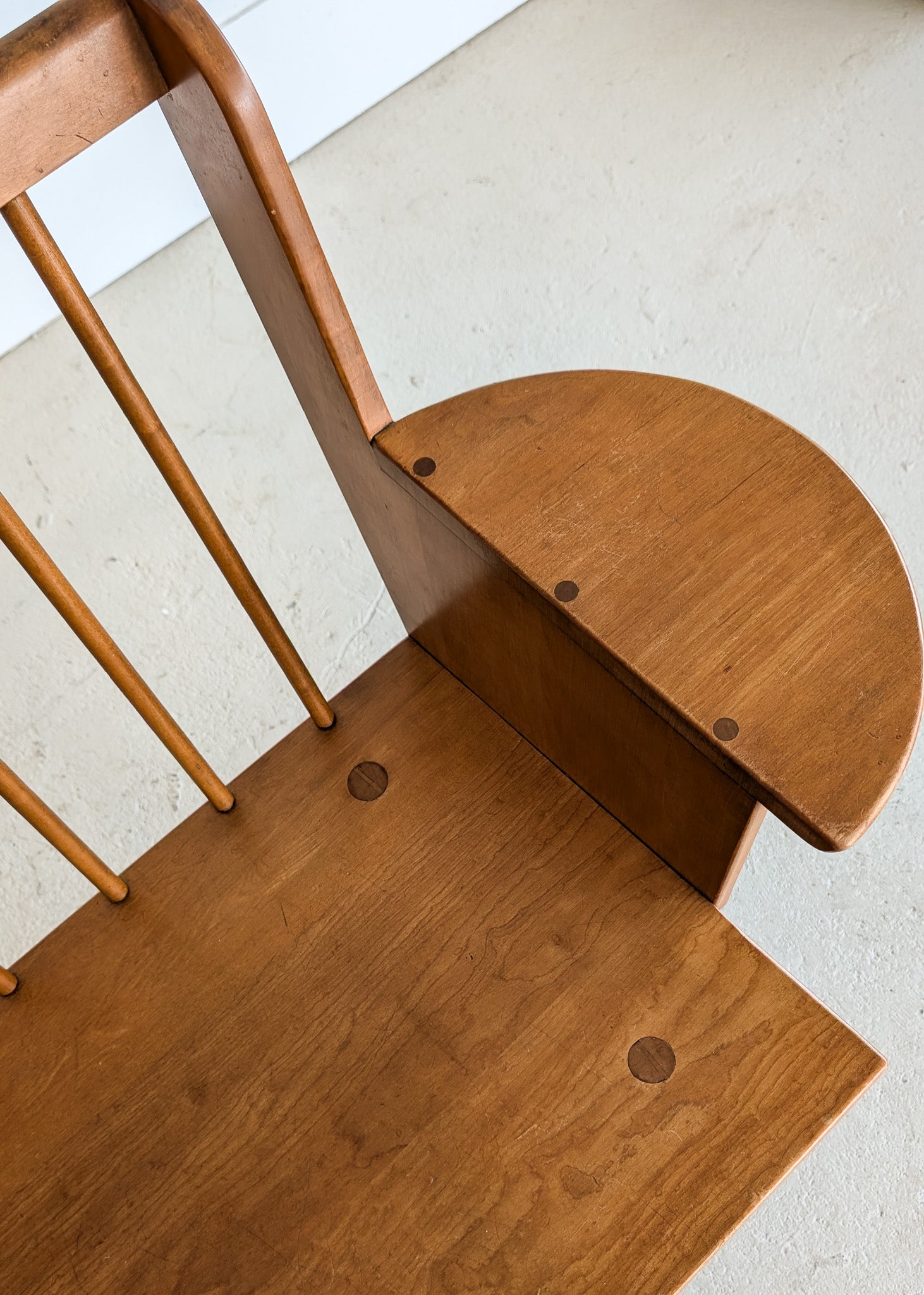 Unique Vintage Wooden Pegged Bench with Demilune Arm Rests