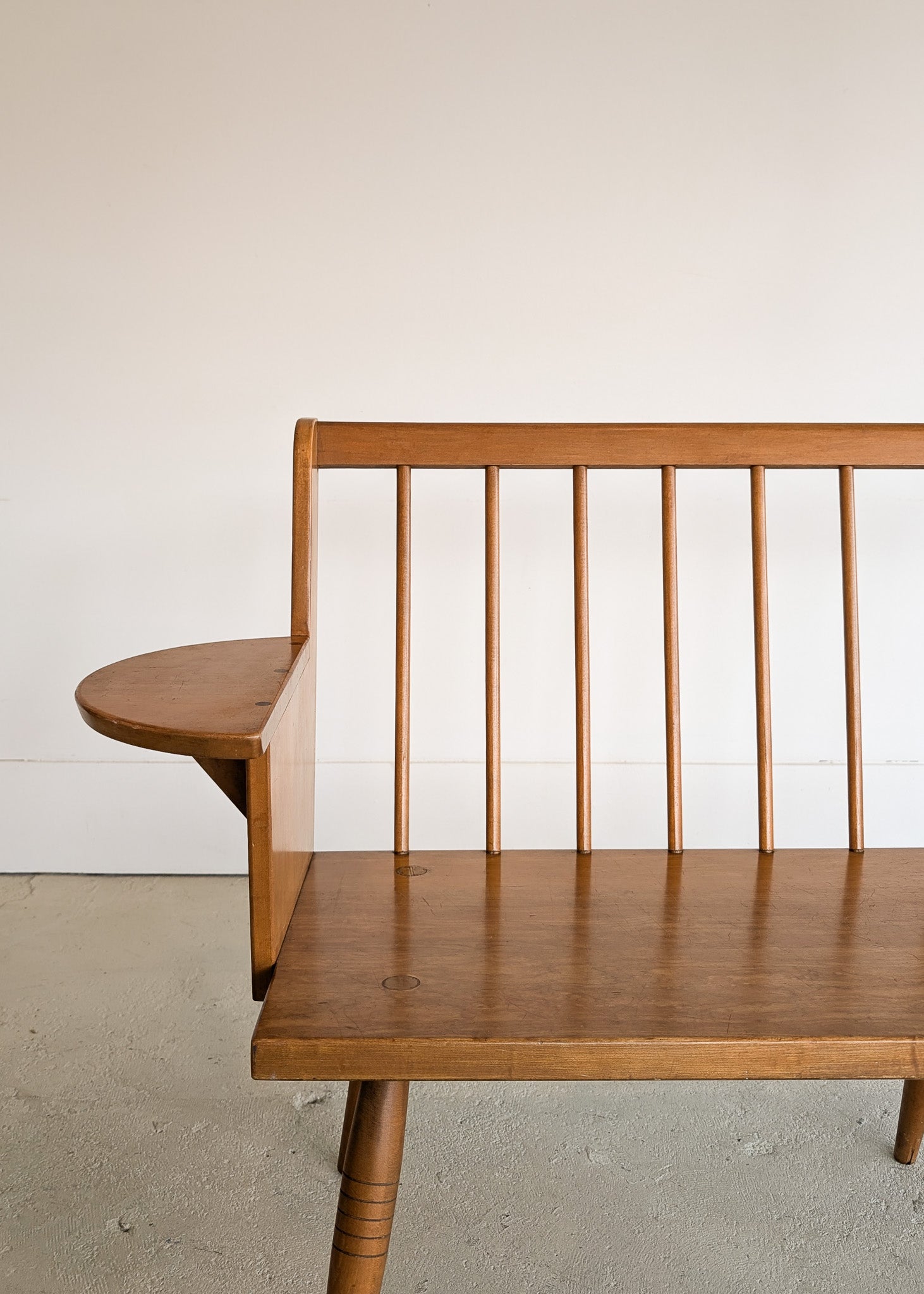 Unique Vintage Wooden Pegged Bench with Demilune Arm Rests