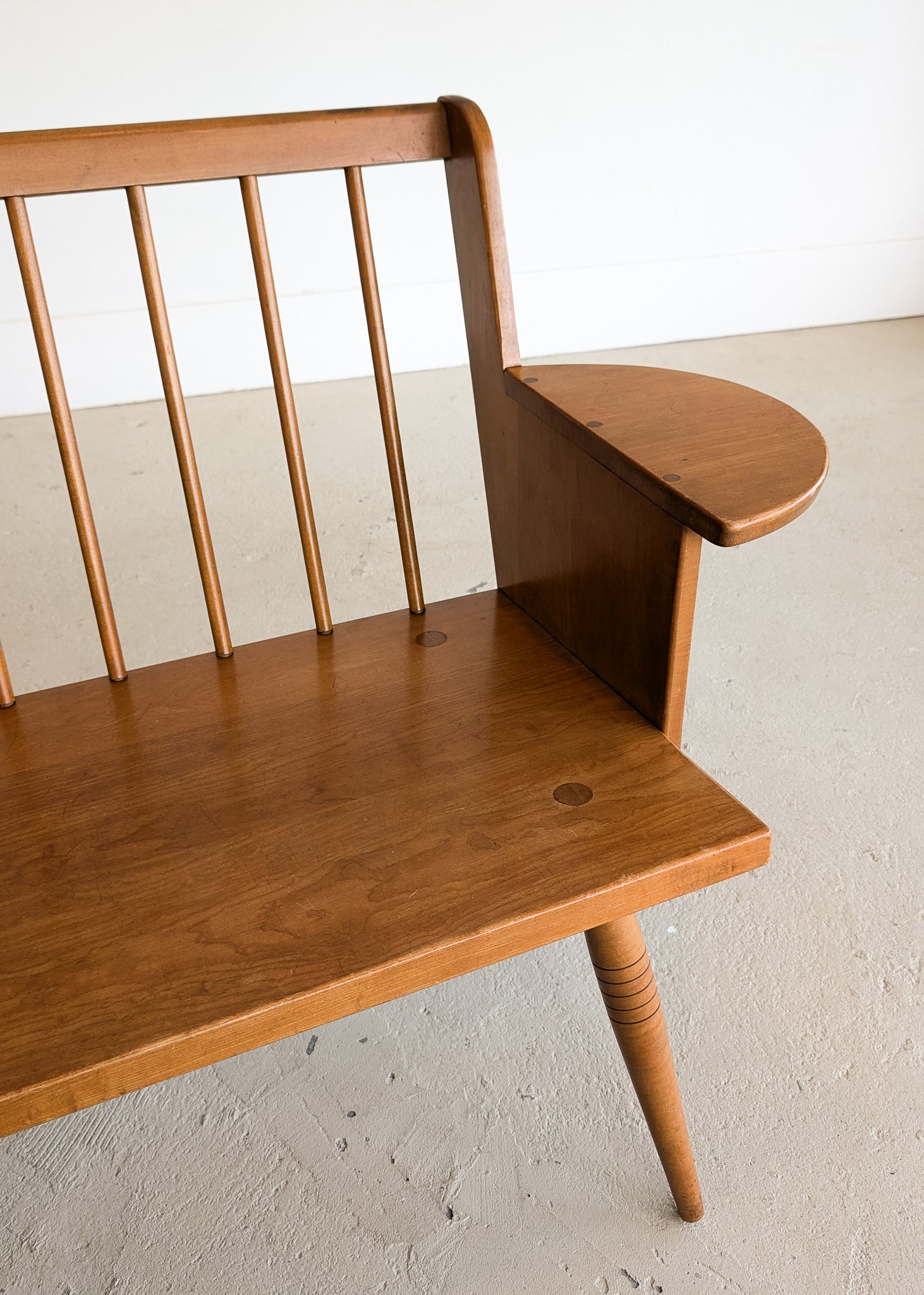 Unique Vintage Wooden Pegged Bench with Demilune Arm Rests