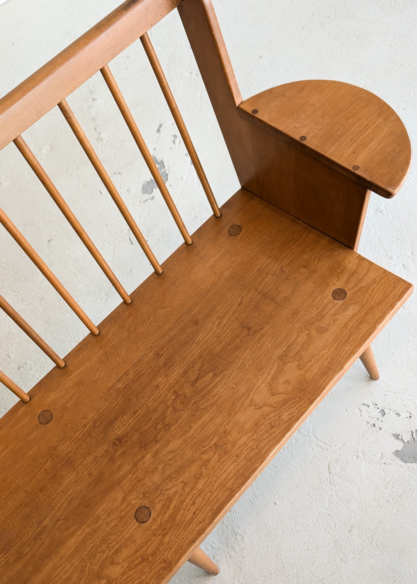 Unique Vintage Wooden Pegged Bench with Demilune Arm Rests